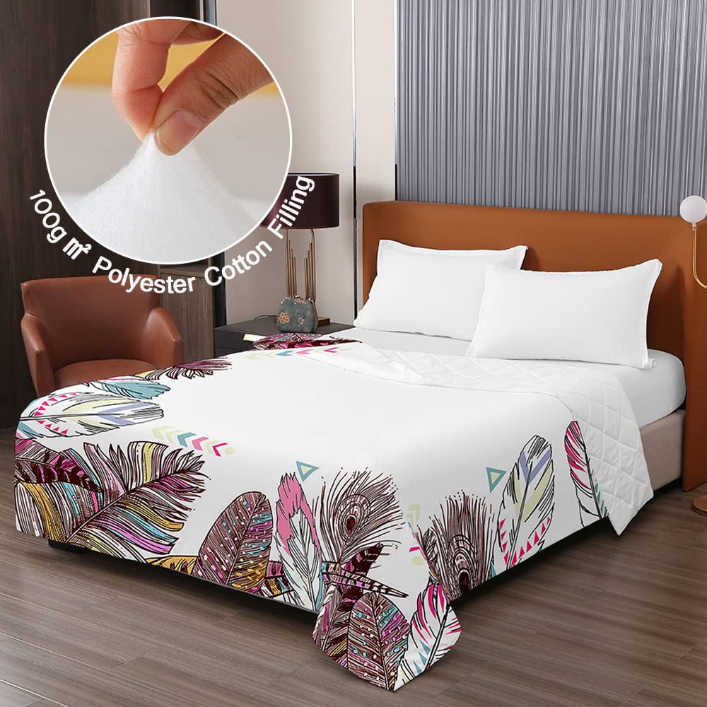 Surwin Copriletto Trapuntato Stampa di Piuma Boho Esotica per Primavera e Estate Copriletto Singolo Matrimoniale Trapunta in Microfibra Leggero Lavabile in Lavatrice (230x260cm,Rosa)