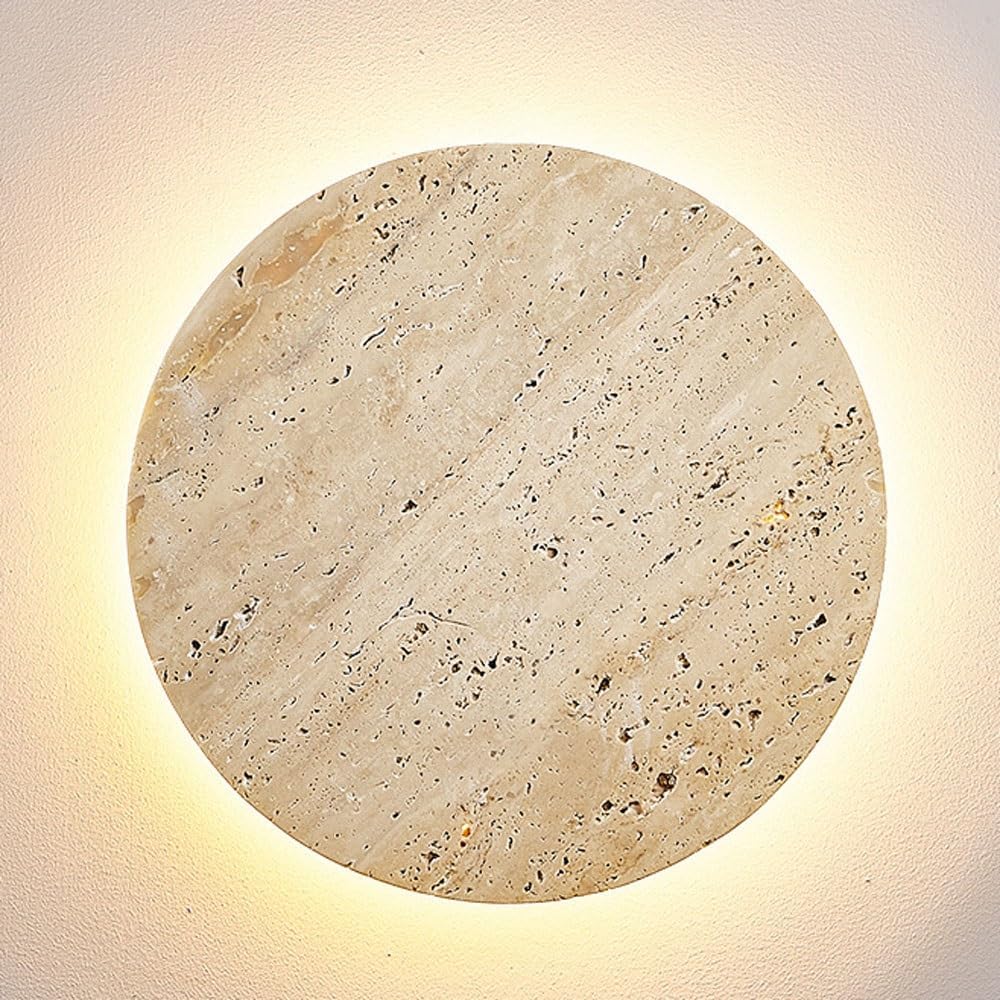 Modern Round Travertine Wall Sconce, Natural Stone Wall Light Fixture, LED Wall Lamp with Warm White Glow, Indoor Wall Lighting for Bedroom, Living Room, Hallway, Bathroom(11.8in)