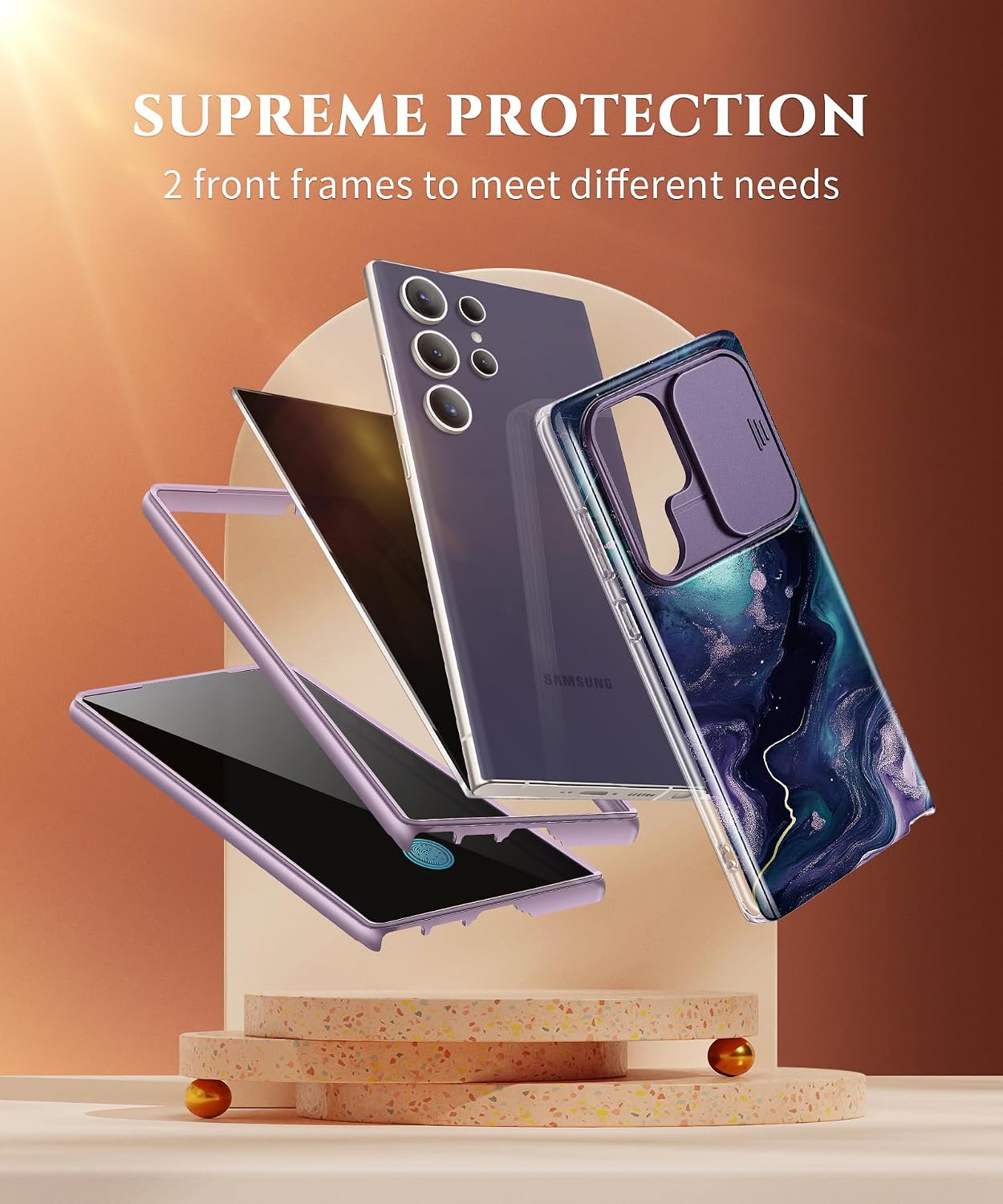 GVIEWIN for Samsung Galaxy S24 Ultra Case, [Slide Camera Cover & Built-in Privacy Screen Protector] [2 Front Frame] Military Grade Shockproof Marble Phone Case for S24 Ultra (Floating Cloud/Purple)