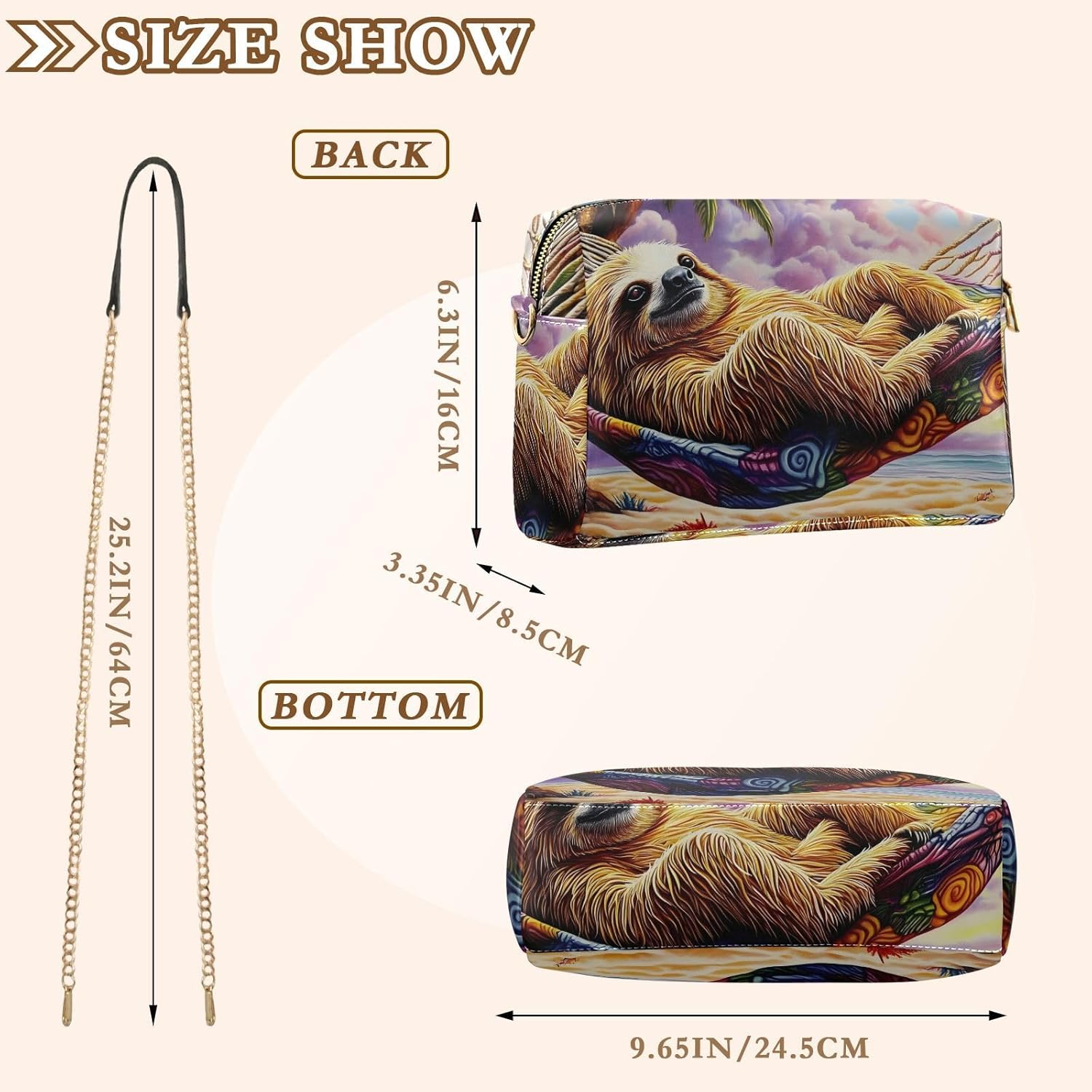 Women Crossbody Bag Shoulder Handbag Cellphone Purse PU Leather Metal Chain Strap Water Resistant Zipper Closure Beach Sloth Print