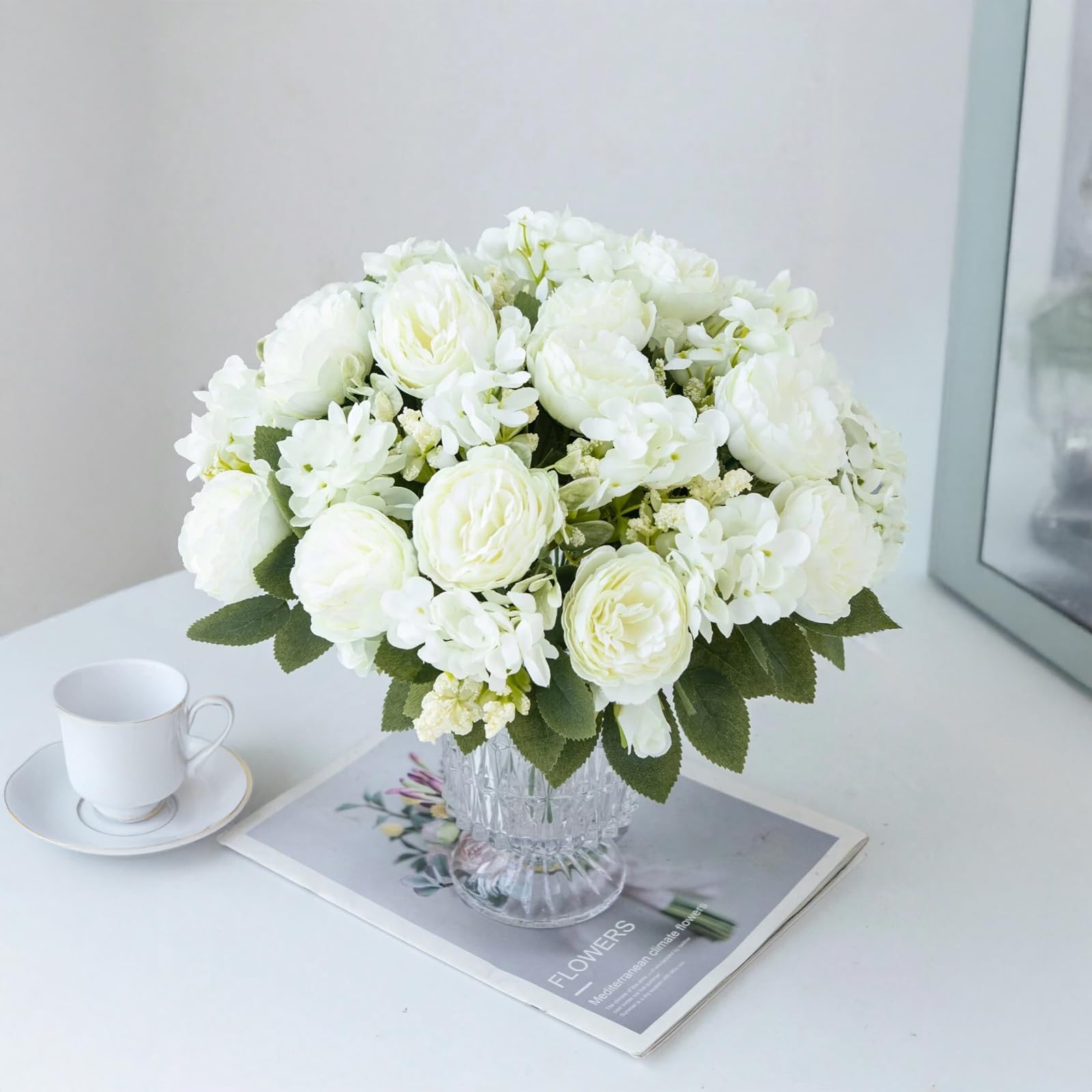 Songkuiwang Gorgeous 4 Bunches of Silk Peony Artificial Flowers - White Peonies Bouquets for Wedding Party Home Decor