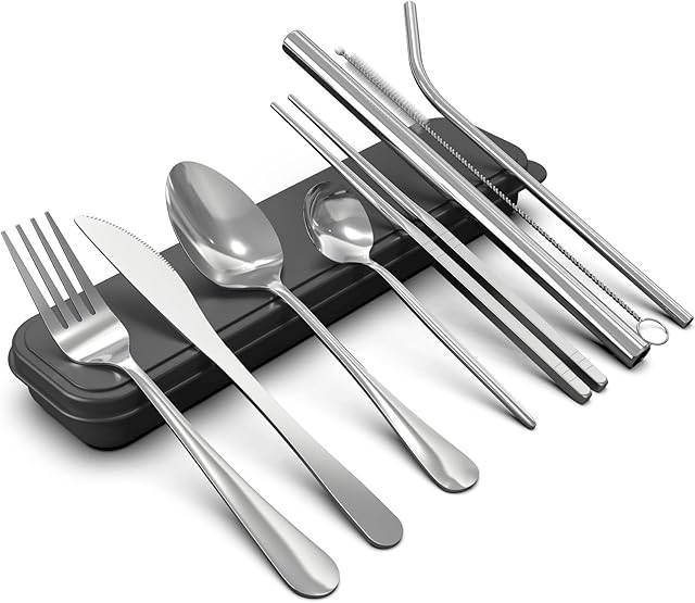DAONG Portable Cutlery Set, Camping Cutlery Set, Travel Cutlery Set, Stainless Steel Table Cutlery Set, with Organiser for Home, Kitchen, School, Workplace, Lunch Box (Silver 9 Pieces)