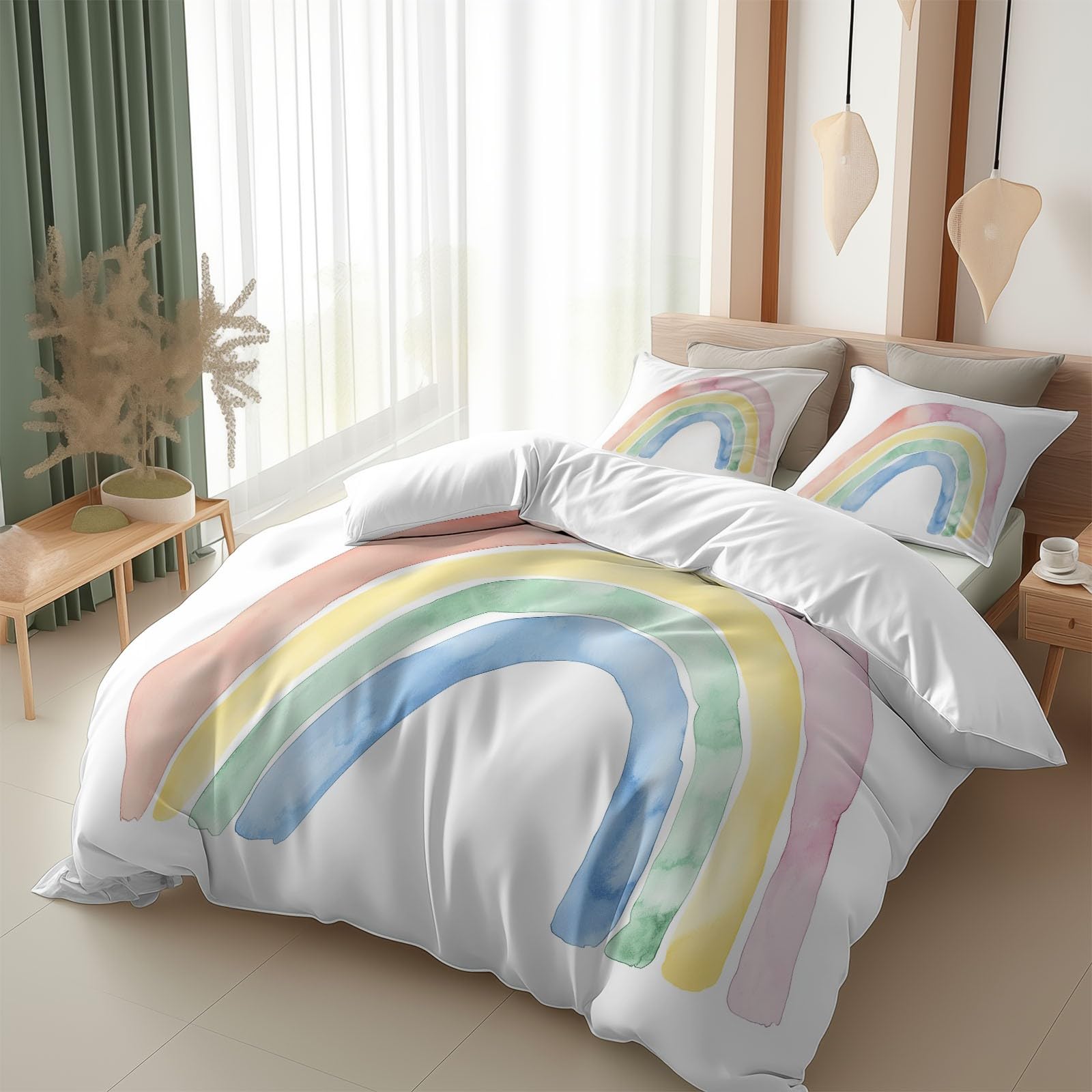 Zestaw poszewek na kołdrę 200 x 200 cm tęczowa akwarela kreskówka zestaw pościeli 2-osobowej i 2 poszewki na poduszki 65x65 cm, 100% komplet pościeli z mikrofibry z zamkiem błyskawicznym, biały