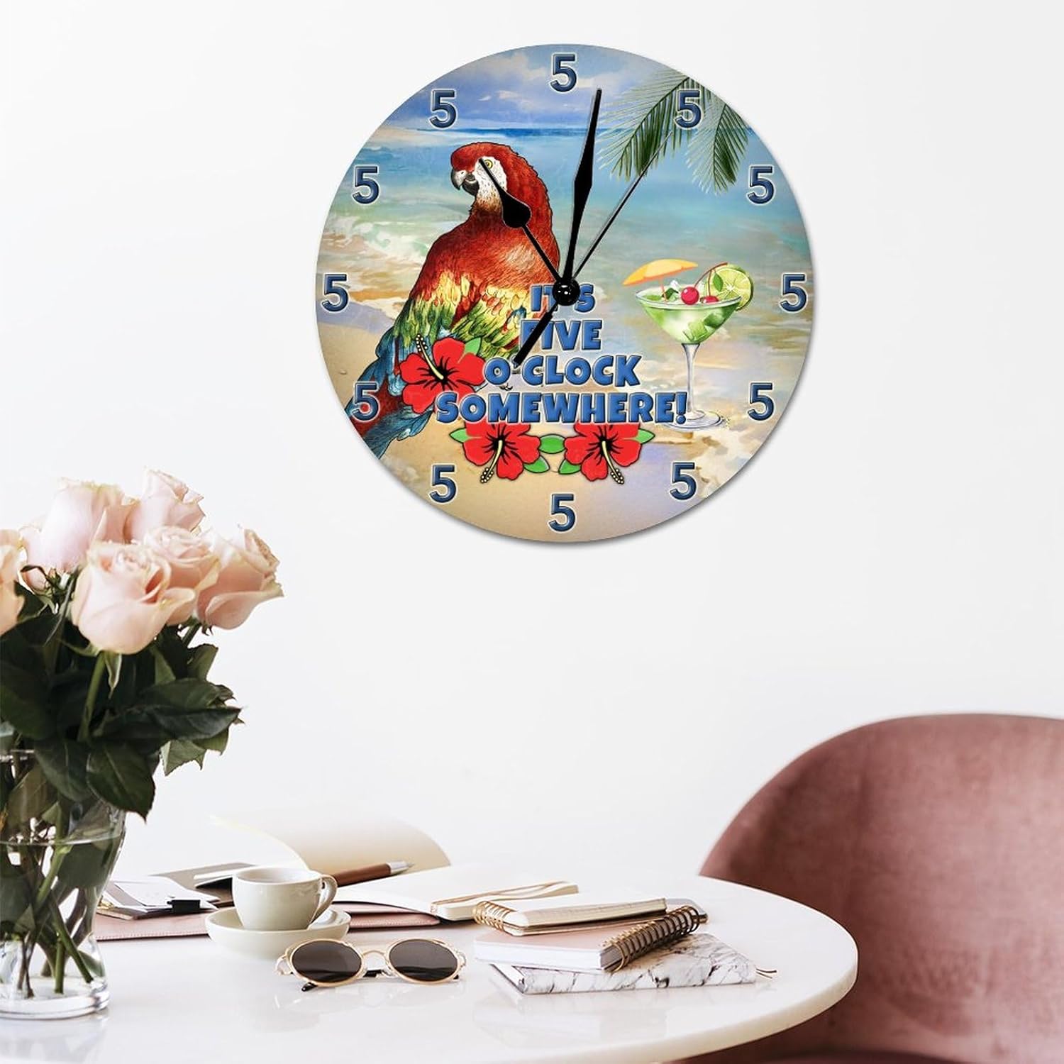 PVC Wall Clock Parrot Martini Large Wall Clock It's Five Oclock Somewhere 12in Silent Non-Ticking Battery Operated Unique Round Wall Clock Decorative for Living Room Bedroom Kitchen Wall Decor