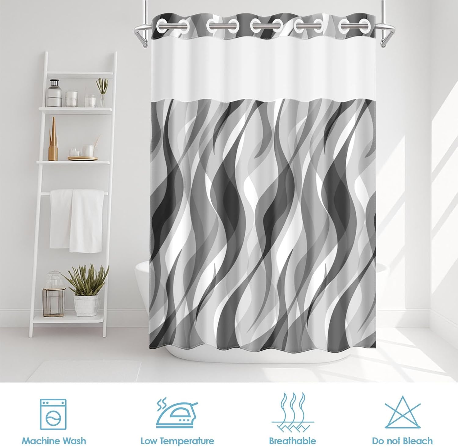 No Hook Grey Shower Curtain with Snap in Fabric Liner Set, Gray Modern Abstract Striped Double Layers Waterproof Fabric with See Through Top Window Open Grommet Bath Curtain 71x74 Inch