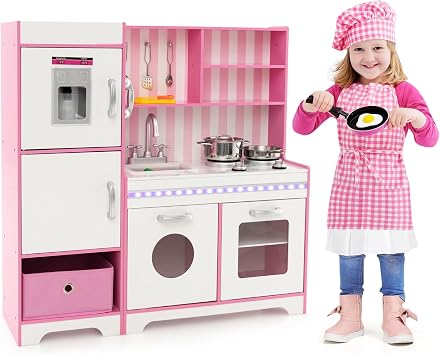 GLACER Kids Kitchen Playset, Toddler Pretend Play Kitchen Playset with Lights and Sounds, Cooking Utensils, Ice Maker, Oven, Washing Machine, Children Wooden Toy Kitchen Set for Boys & Girls 3+