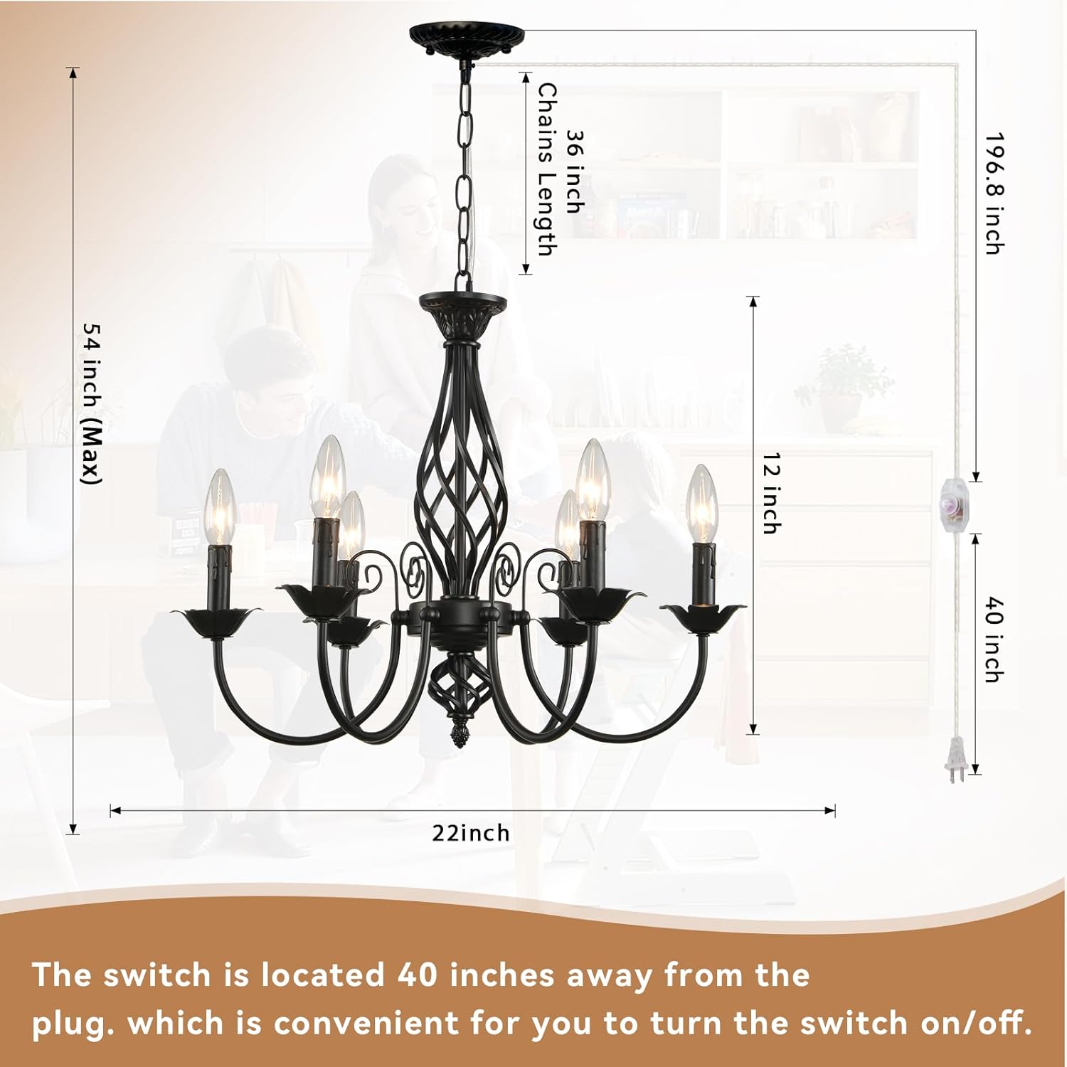 HOXIYA DIMMABLE Plug in Farmhouse Chandelier 6 Light for Living Room, 22" Vintage Hanging Lights with Cord, Rustic Ceiling Hanging Black Chandelier for Dining Room Bedroom Hallway Kitchen Foyer