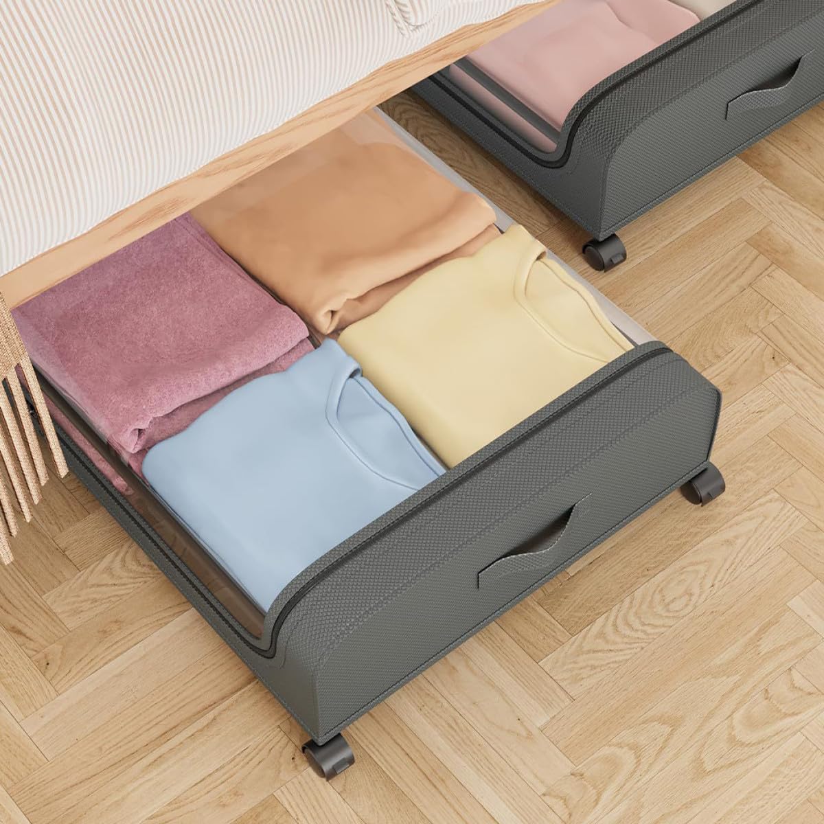 Bed Storage Container with Wheels, Large Multipurpose Underbed Storage Bin with Gray Lid, Dustproof Rolling Organizer for Clothes, and Bedding