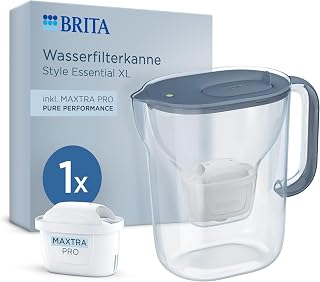 BRITA Wasserfilter Kanne Style Essential XL steinblau (3,6L) inkl. 1x MAXTRA PRO Pure Performance - große Filterkanne mit Smart Light LED & Klapp-Deckel, filtert Verunreinigungen & mehr