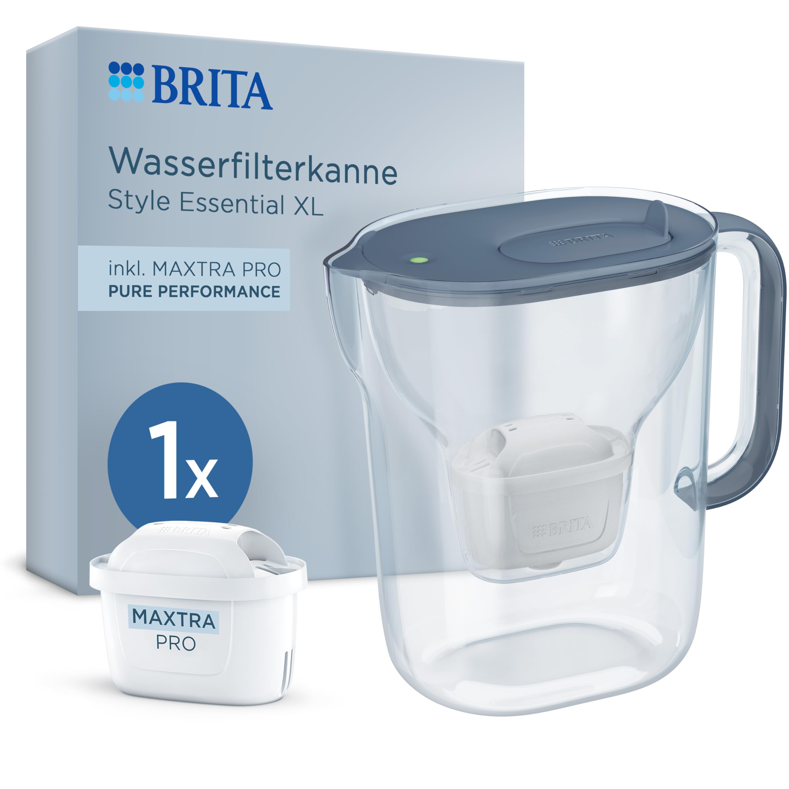 BRITA Wasserfilter Kanne Style Essential XL steinblau (3,6L) inkl. 1x MAXTRA PRO Pure Performance - große Filterkanne mit Smart Light LED & Klapp-Deckel, filtert Verunreinigungen & mehr