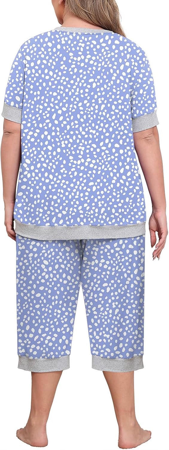 Lastshe Women Plus Size Pajama Set 2 Piece Short Sleeve Capri Pants Knit Sleepwear Lounge Set Ladies Pjs Soft with Pockets - Image 5