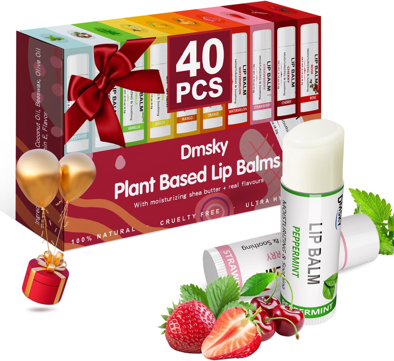 40 Pack Lip Balm Bulk, Fruit Lip Balm Variety Pack, Natural Moisturizing Balms for Dry Cracked Lips, Hydrating for Men Women Kids - 10 Flavors