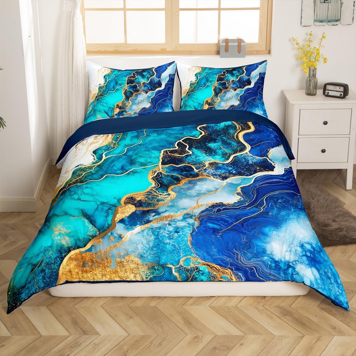 Marble Print Duvet Cover Set King Size,Abstract Stone Texture Marbling Bedding Set,Boys Girls Adults Room Decor,Geometric Stripes Modern Artwork Blue Golden Quilt Cover,2 Pillowcases(No Comforter)