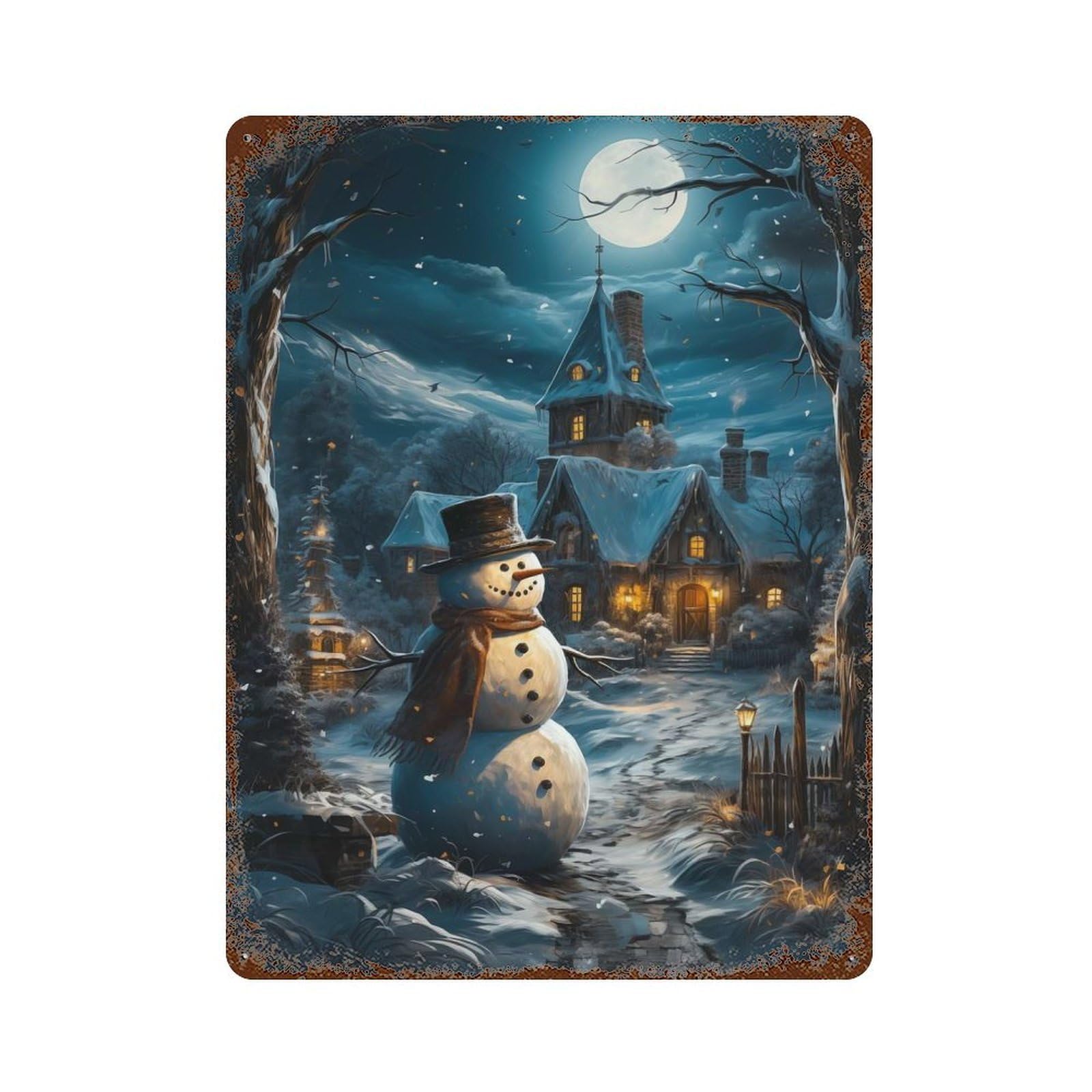 Snowman at Night Vintage Wall Sign 15.7"x11.8", Rust Effect Metal Decor for Bistro, Counter And Cafe Decor