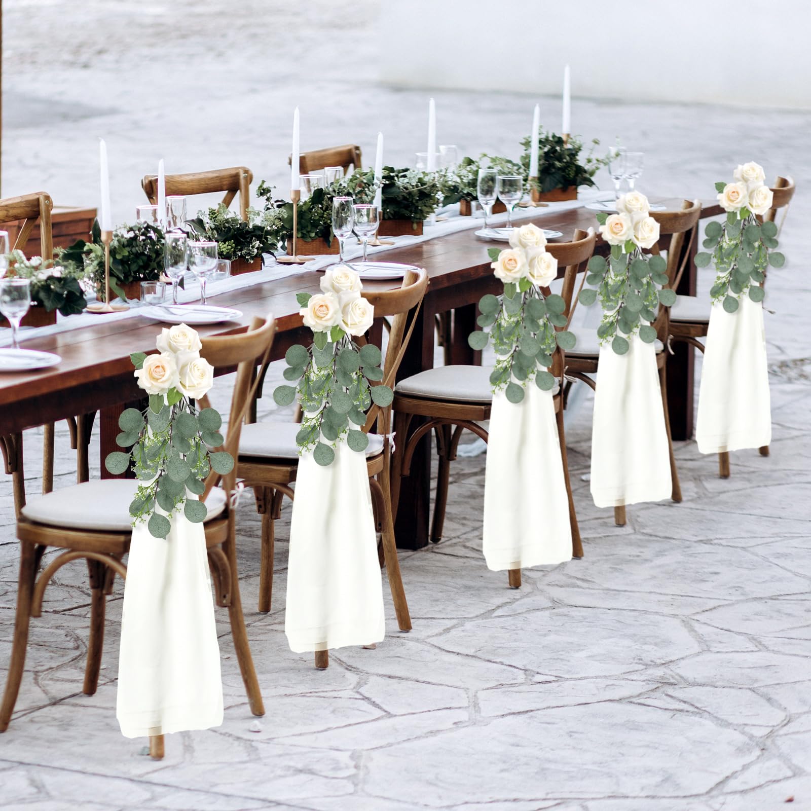 VitalCozy 24 Stück Hochzeit Gang Dekorationen für Hochzeitszeremonie Chiffon Stuhl Schärpen mit Bändern und künstlichem Eukalyptus Stiel Dekor für Hochzeit Kirche Stuhl Gang Bulk Dekorationen