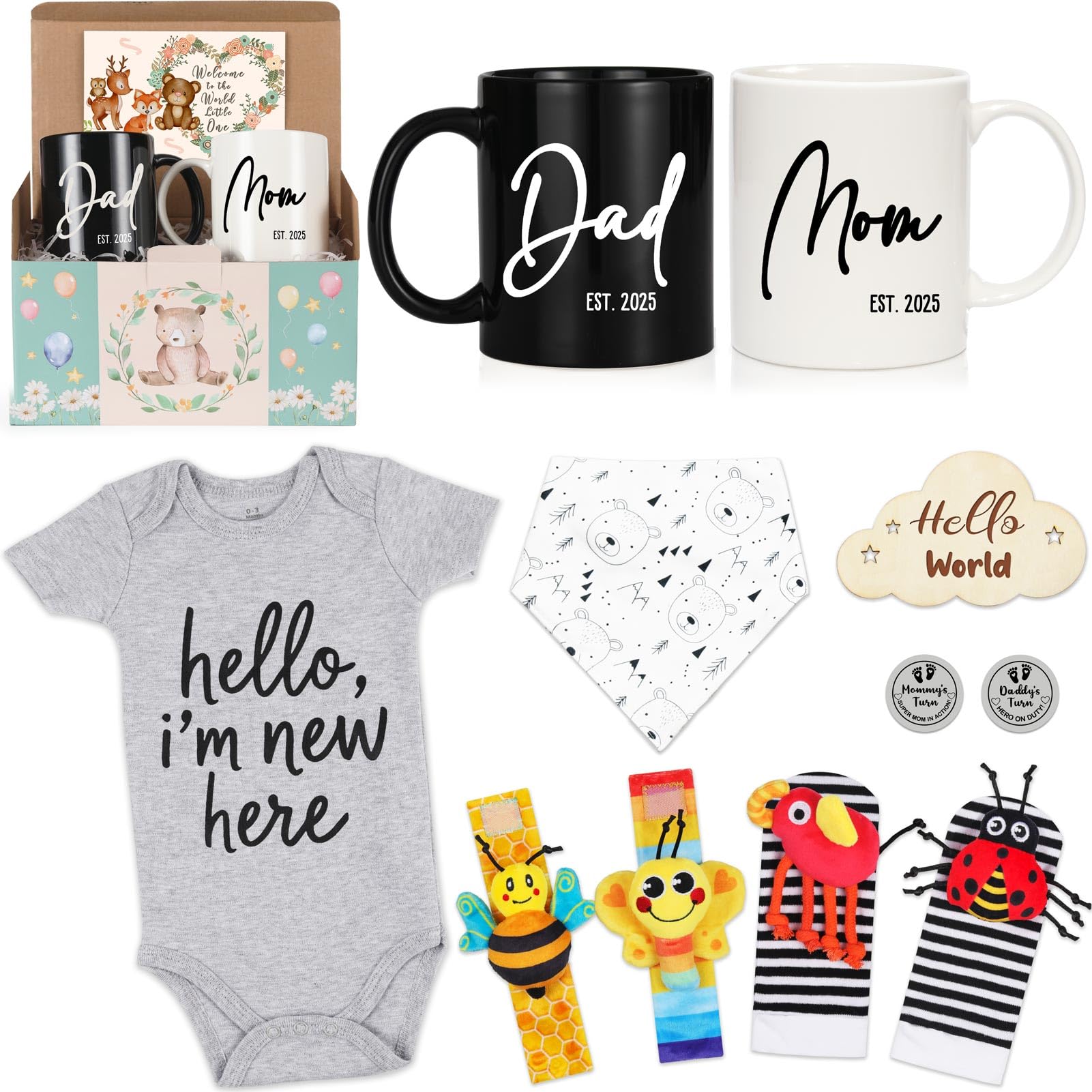 Breezy Valley Gender Reveal Gift Ideas for New Parents - New Mom and Dad Mugs Est 2025 - Baby Shower Gifts Basket, Christmas Pregnancy Gifts for Expecting Parents, Baby Gift Set for Mom and Dad to Be
