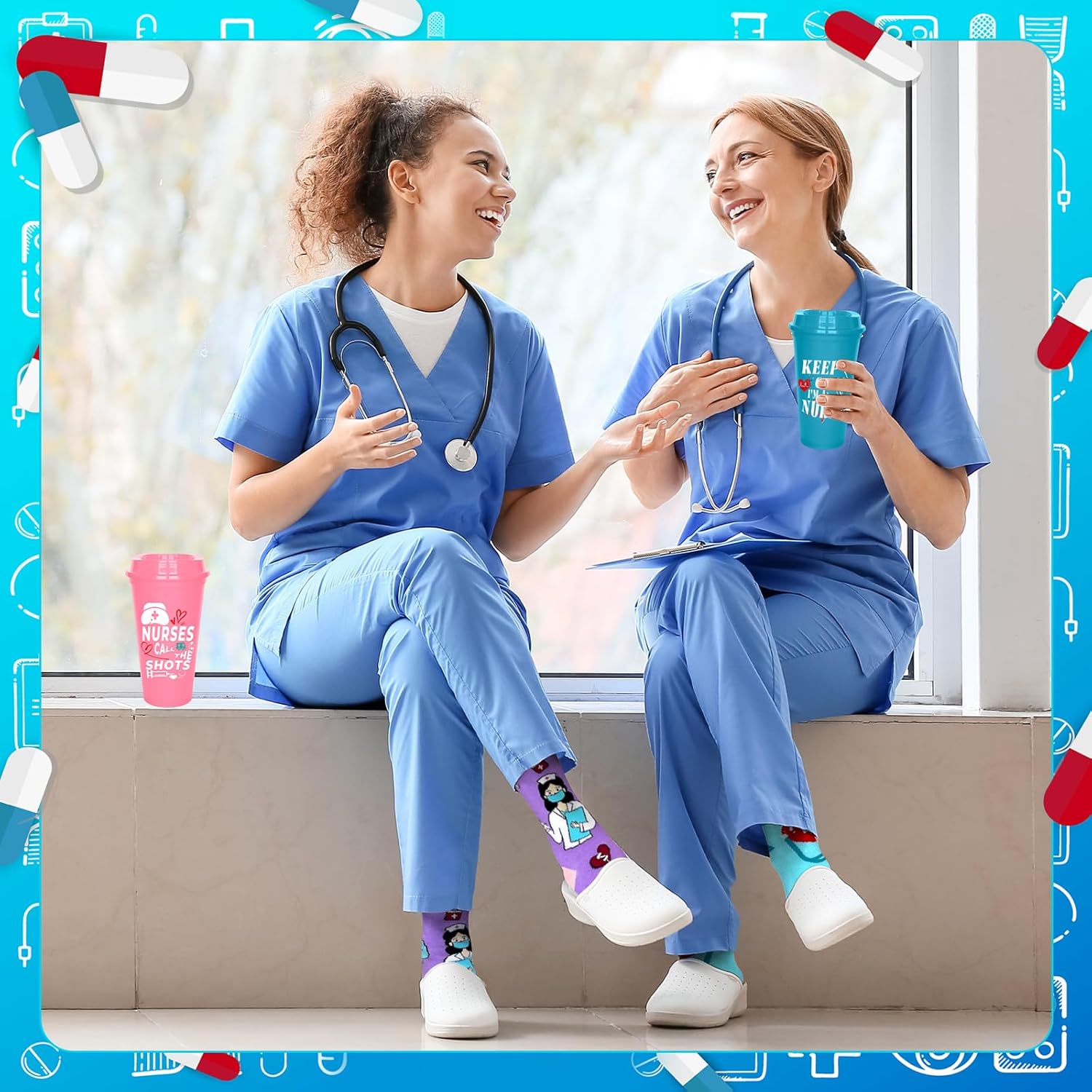 18 Pcs Nurse Appreciation Gifts Nurse Gifts for Women Include 6 Plastic Tumblers Bulk 6 Novelty Socks 6 Keychain for Nurses Doctor Medical Pharmacists Graduation Present