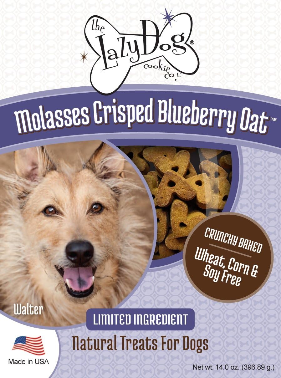 The Lazy Dog Cookie Co.Crunchy Dog Treat, Molasses Crisped Blueberry Oat, Cookies for Small, Medium and Large Dogs, Wheat-Free, Soy-Free, Corn-Free, Made in The USA, 14 oz. Box (Pack of 1)