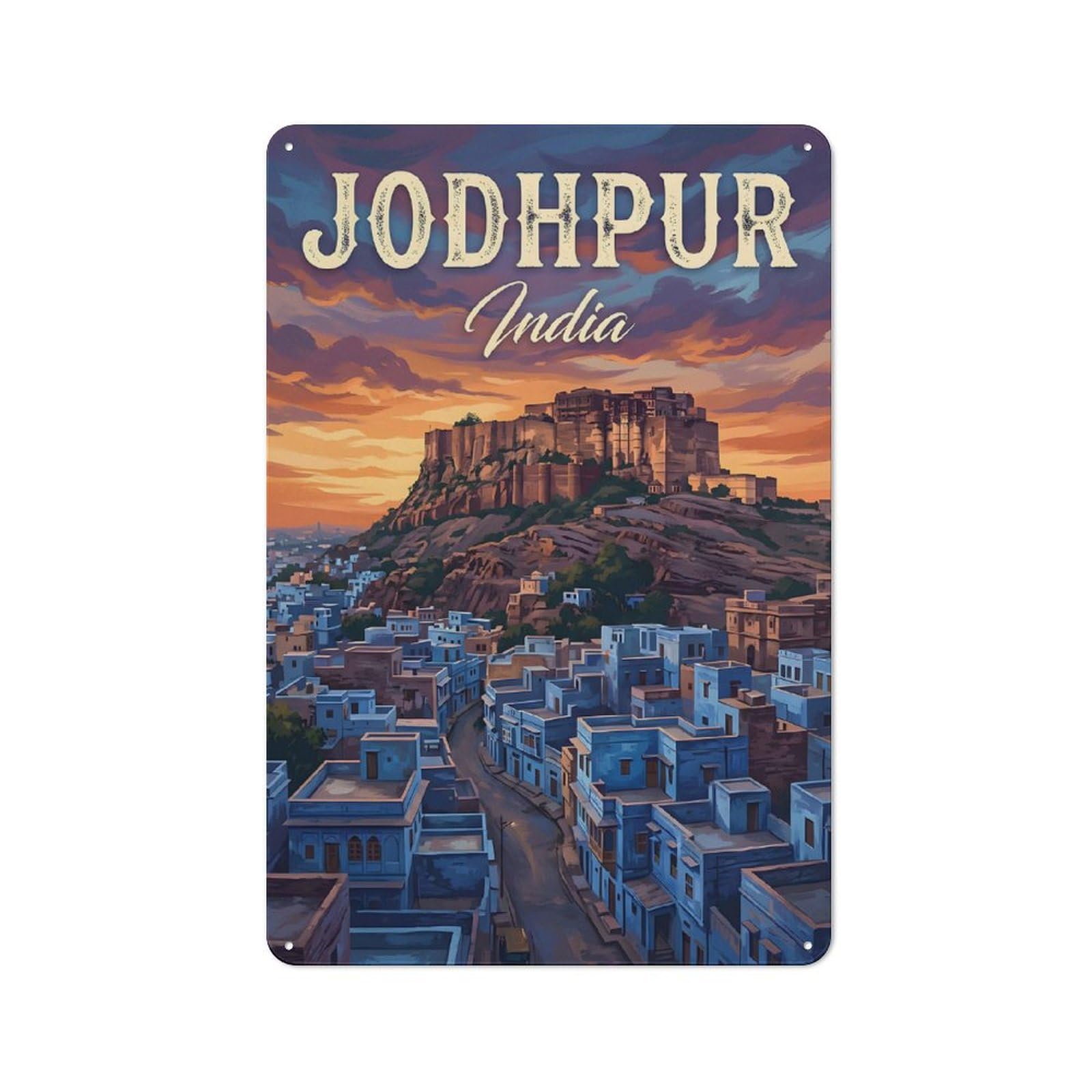 Junmoney Style-2 Jodhpur India Cityscape Painting Decorative Metal Sign 30X20cm, Country Style Bistro Wall Plaque For Kitchen, Cafe, Pantry Or Dining Room