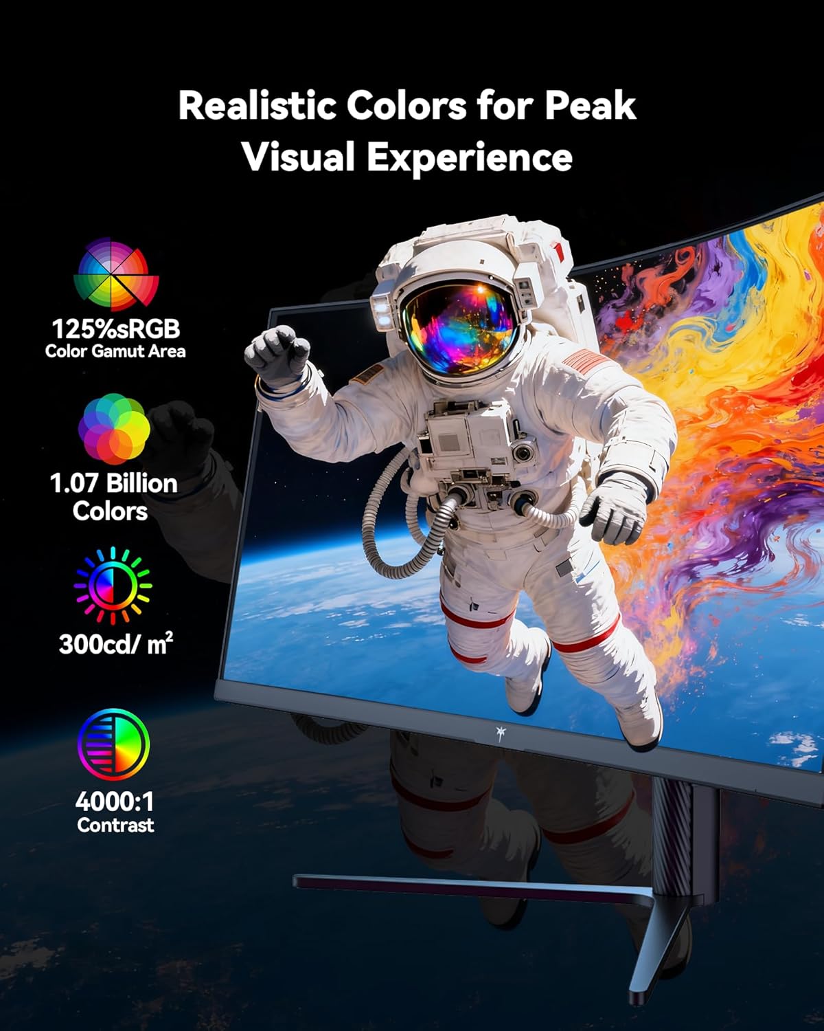 KTC H34S5 monitor displaying vibrant colors with specifications like 125% sRGB, 1.07 Billion Colors, 300cd/m², and 4000:1 Contrast