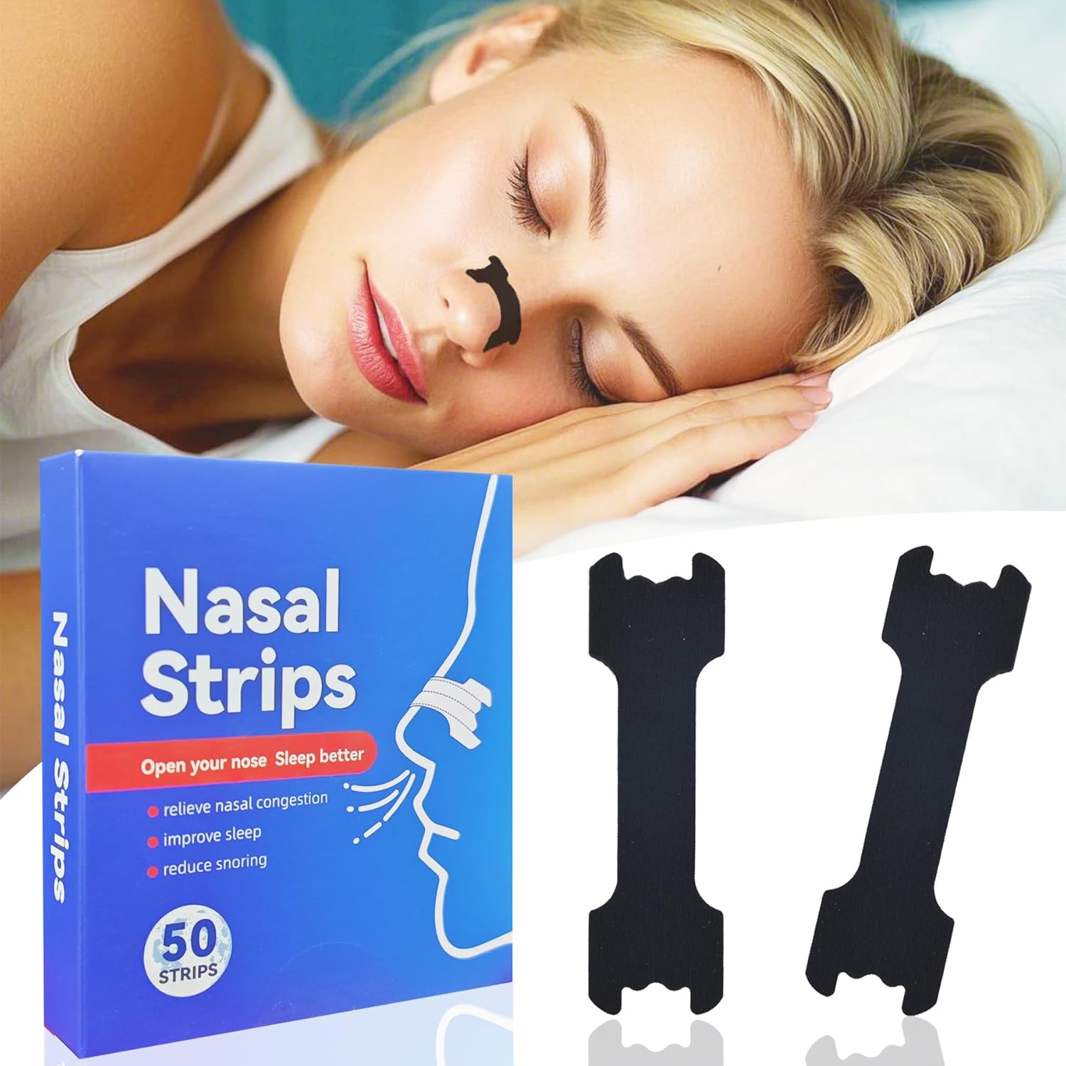 50Pcs Nasal Strips for Snoring, Nose Strips for Breathing, Sweat-Resistant - Improve Sleep, Relief from Nasal Congestion(Black,50)
