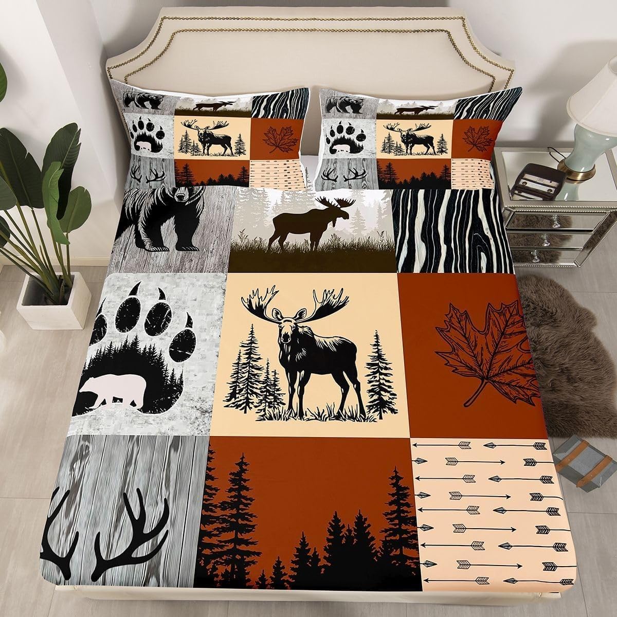 Deer Double Fitted Sheet Bear And Geometric Bed Sheets Deep Pocket 12 inch (30 cm) Soft Cozy 3 Piece Microfibre Bed Sheet 135x190 cm with 2 Pillowcases 50x75 cm