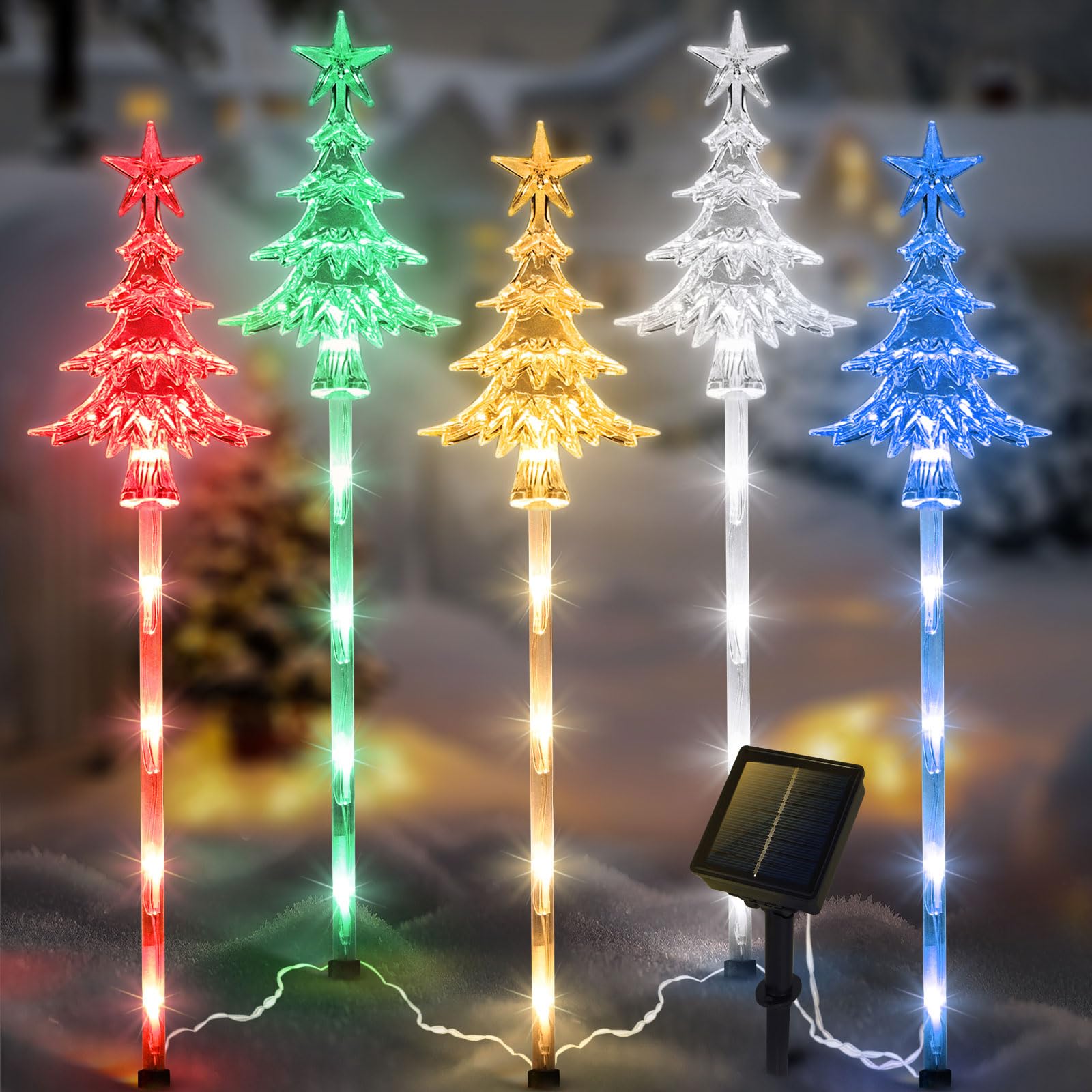 5 Pcs Acrylic Christmas Tree Solar Pathway Stakes Lights Outdoor Waterproof, 8 Modes Christmas Decorations Yard, Garden Decor Lights (Multicolor)