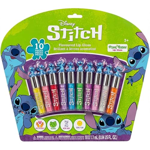 Disney Stitch 10 Piece Plant Based Lip Gloss, Girls Party Favors, First Makeup Set for Girl, Perfect for Parties, Sleepovers, and Birthday Gifts, Ages 3+, by Townley Girl