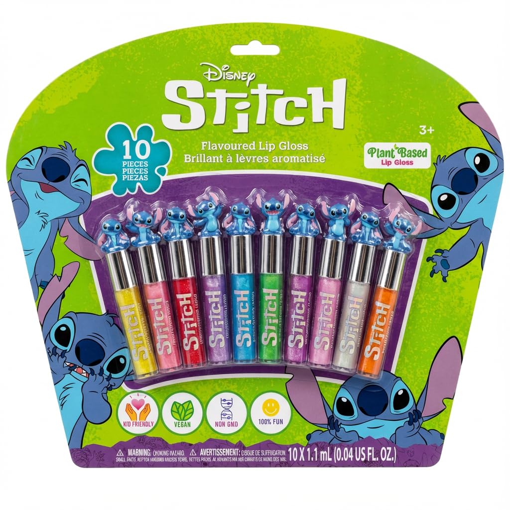Townley Girl Disney Stitch 10 Piece Plant Based Lip Gloss, Girls Party Favors, First Makeup Set for Girl, Perfect for Parties, Sleepovers, and Birthday Gifts, Ages 3+, by Townley Girl