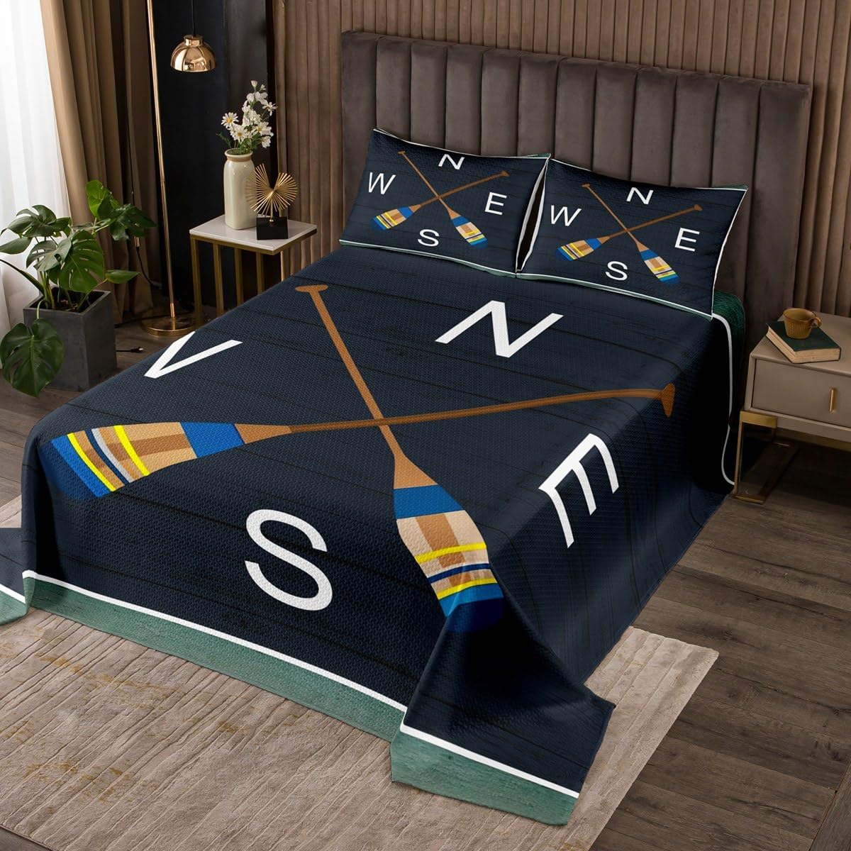 Farmhouse Dark Blue Barn Door Bedspread King,Boating Oar Quilted Coverlet 3pcs for Adults Teens Room Decor,Welcome to The Lake Soft Breathable Bedding Quilt