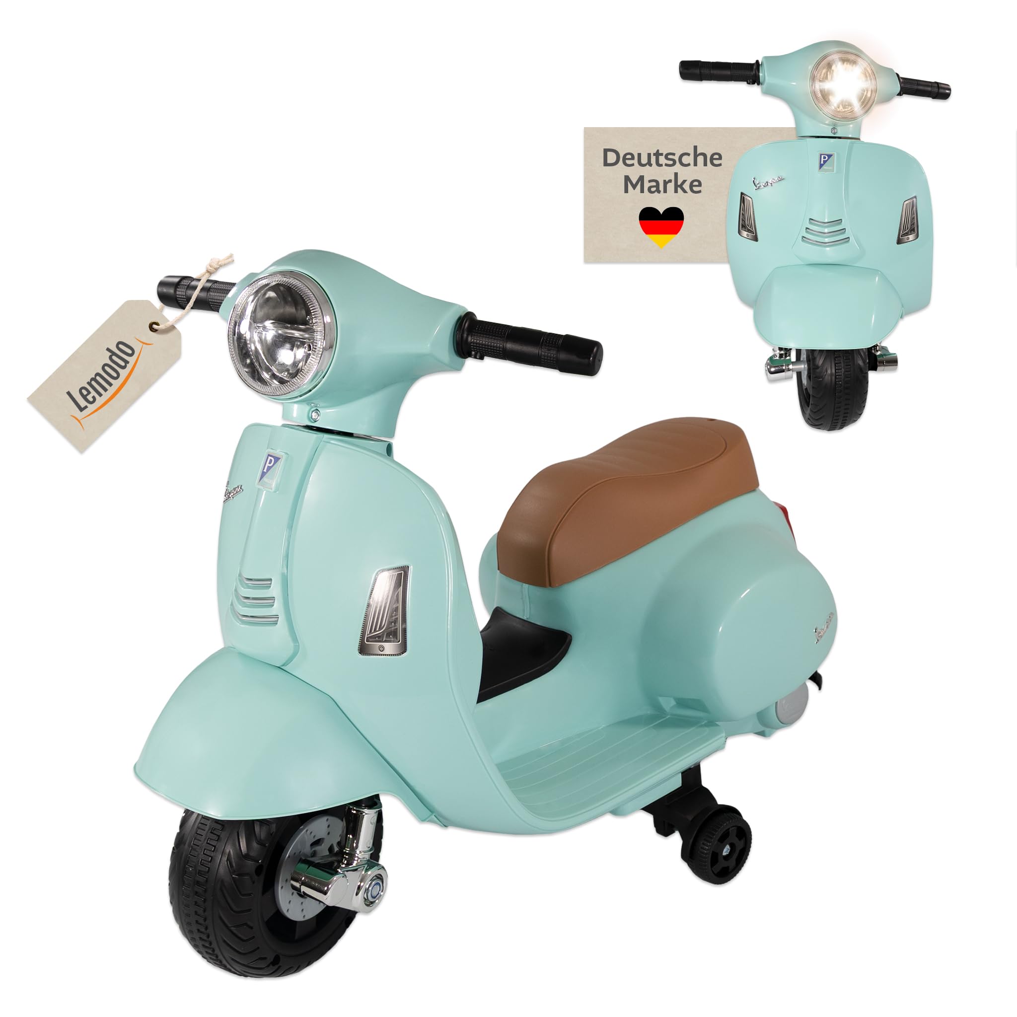 LEMODO Elektrofahrzeug Vespa in grün, Kinder Motorrad ab 18 Monate, Elektromotorrad mit Licht und Sound, Kinderroller mit abnehmbaren Stützrädern, Lizenziertes Kinderfahrzeug