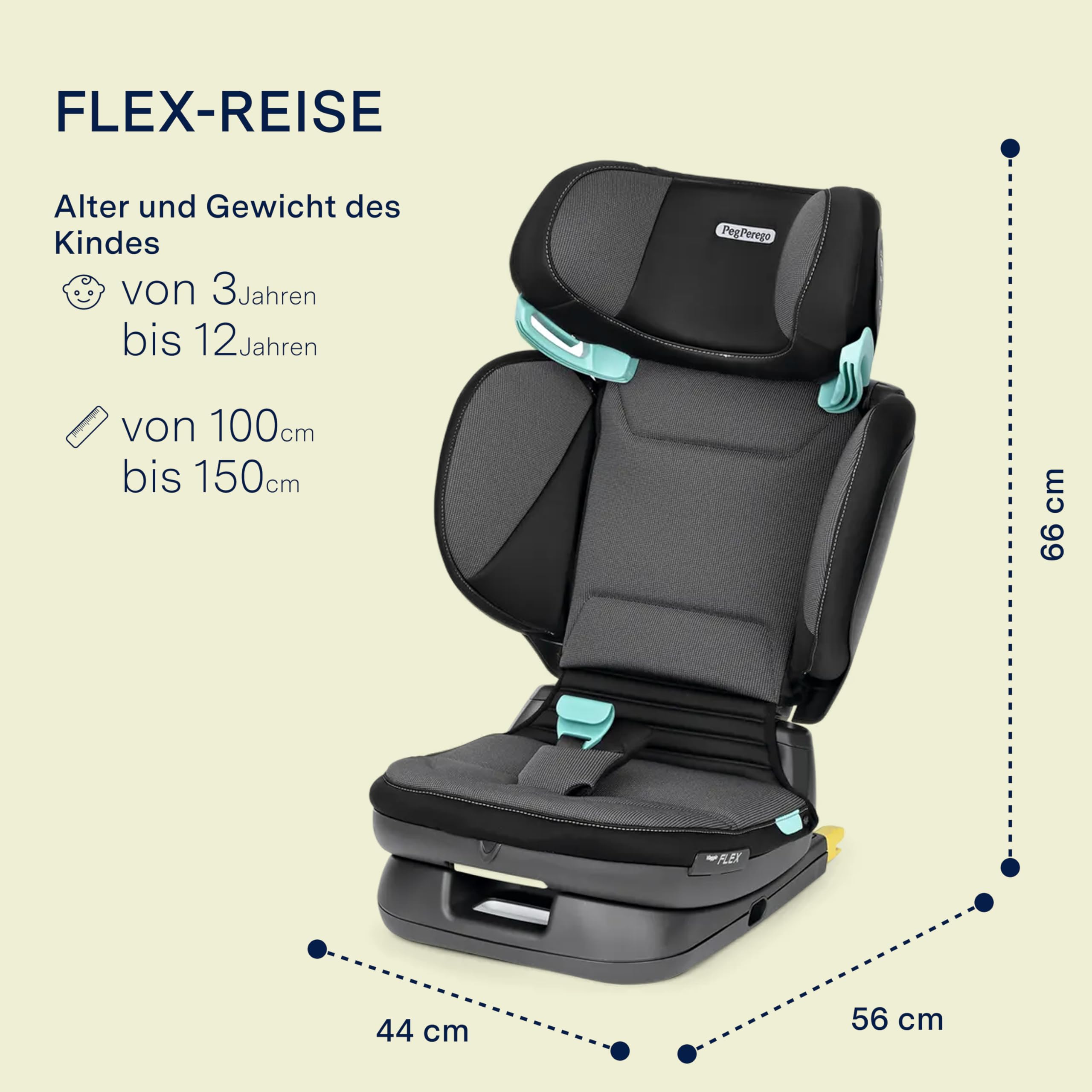 Peg Perego Viaggio Flex Autositz ISOFIX mit fortschrittlicher Technologie, verstellbar, klappbar, verstärkte Rückenlehne, für Kinder von 100 bis 150 cm (3-12 Jahre), 15-36 kg, Crystal Black