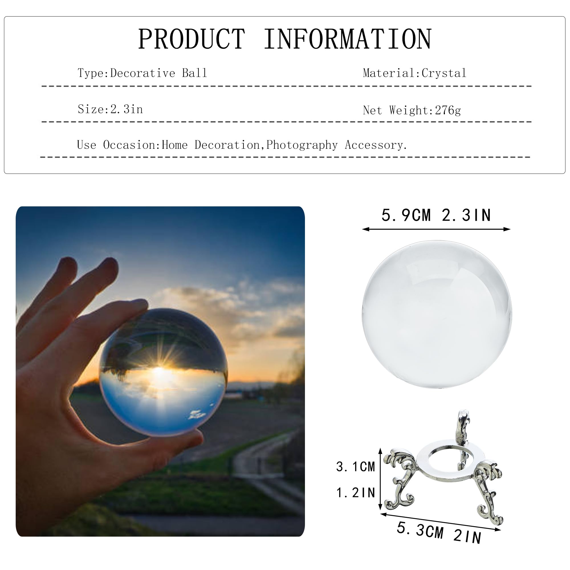 ZEERSHEE 2.3in Sparkling Clear Crystal Ball with Stand 60mm Handcrafted Photography Prop for Magical Shots Elegant Home & Party Decor for Women - Image 2