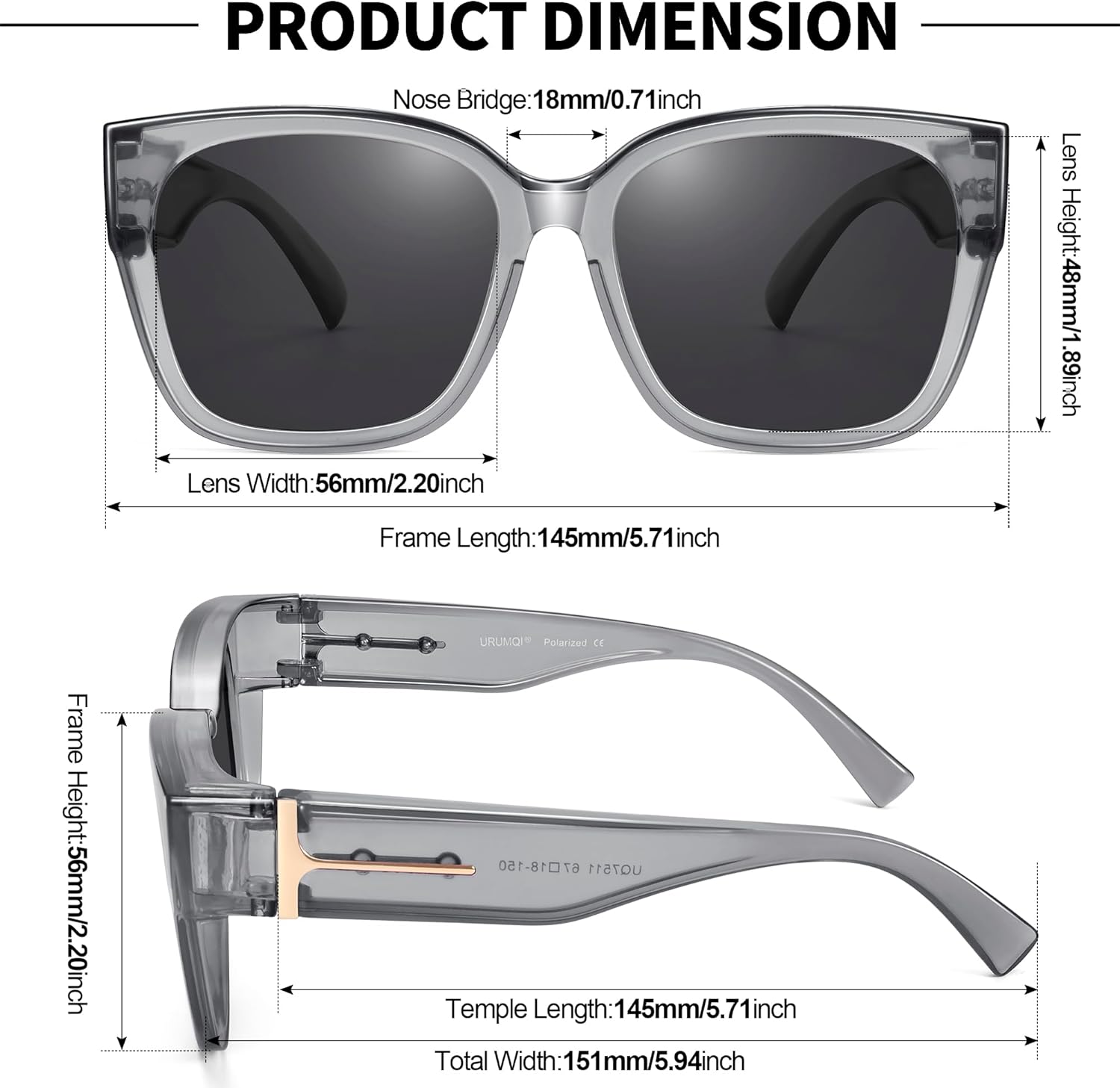 URUMQI Polarized Sunglasses Fit Over Glasses for Women, UV400 Protection Wrap-around Shades Trendy Oversized Square Lens - Image 3