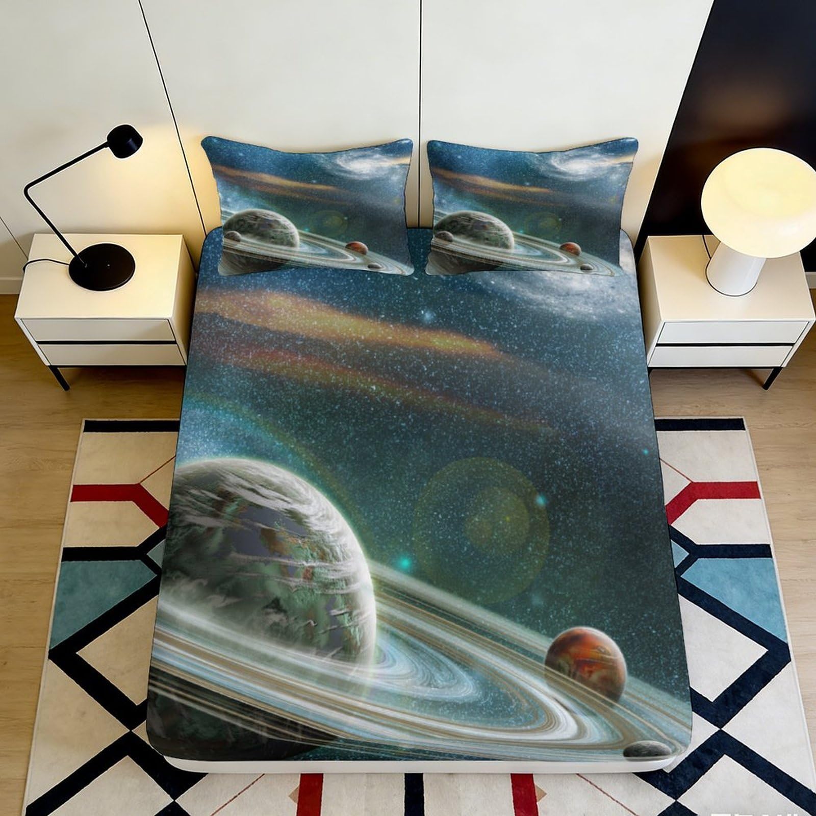 3D Printed Saturn Planets Fitted Sheet Microfiber Bedroom Decor Cosmic Space Mattress Cover for Home Guest Room 90x200x25cm