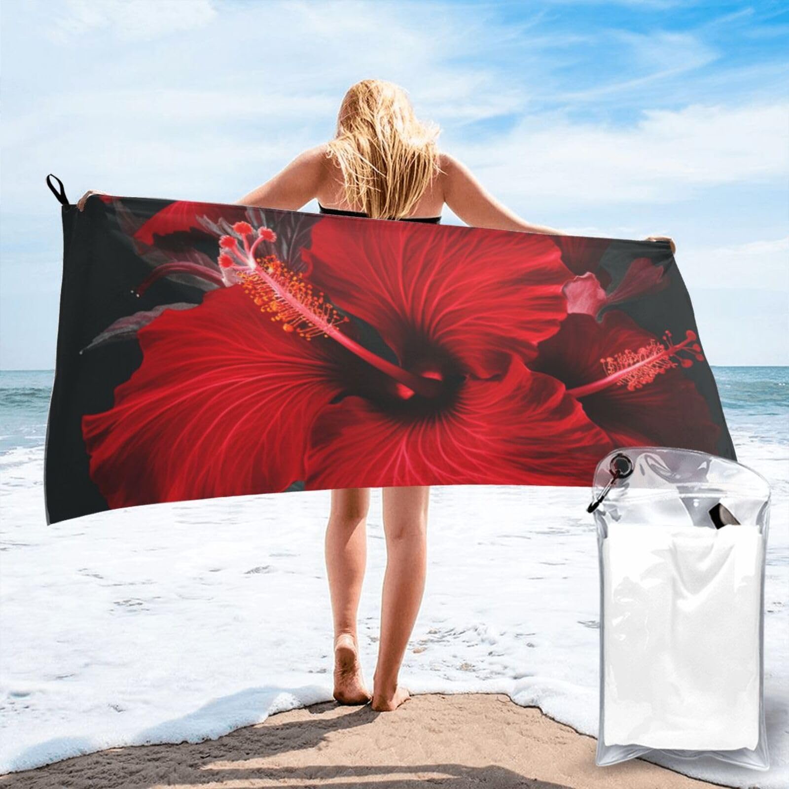 DWVTSLH Microfiber Sand Free Beach Towel 31.5"x63", Quick Dry Absorbent Travel Towel Large Camping Blanket, Red Hibiscus Flowers Bath Towels Lightweight Pool Swim Towels for Vacation Essentials