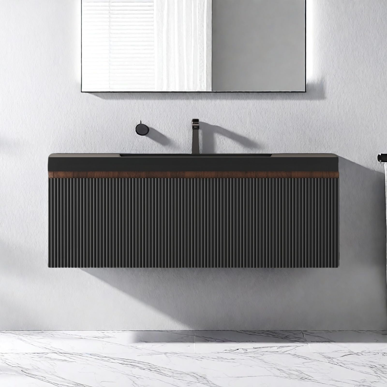 Photo 1 of ***ITEM IS NOT BLACK***PLEASE SEE NELLIS PHOTOS*** Trygoal Wall Mounted Bathroom Sink Vanity, Modern 72" Floating Vanity with 2 Resin Top Basins and 2 U-Shaped Soft-Close Storage Drawers, Striped Bathroom Storage Cabinet with Invisible Handle, Black