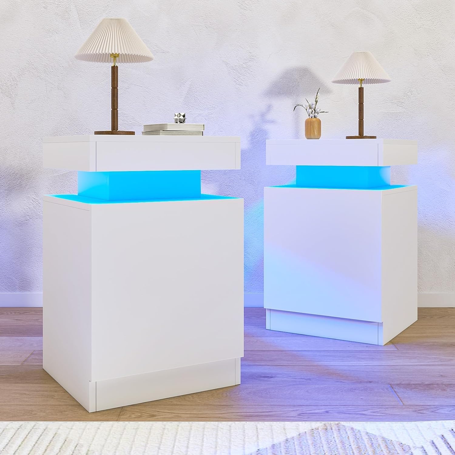 oneinmil Bedside Table Set of 2, Sofa Side Table with LED Lights, Bed Side End Table with Storage Cabinet, Nightstand with Door, for Bedroom, Living Room, White