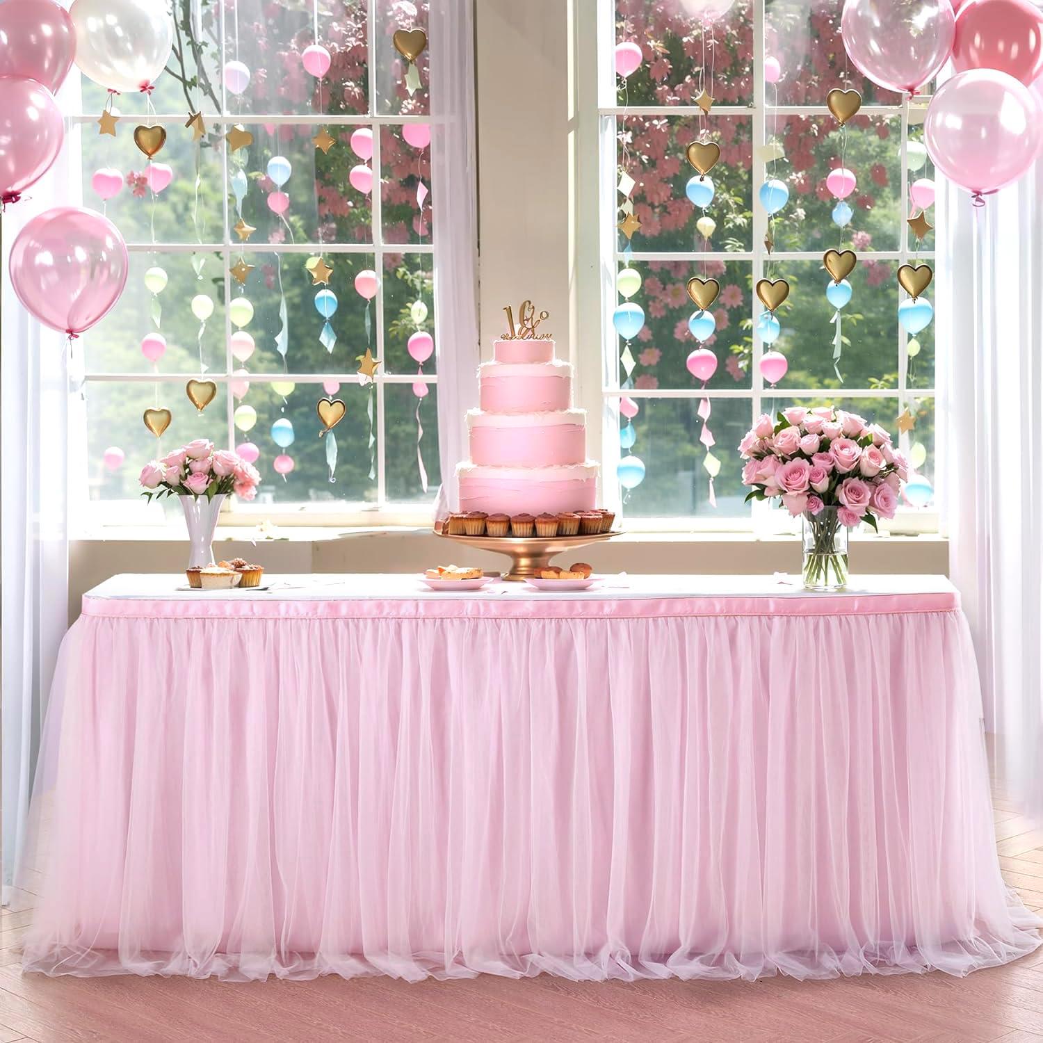 NSSONBEN Rosa Tulle Gonna da Tavolo Dessert per Torte, 2-Layer Ruffle Tulle Tutu Panno Gonne da Tavolo per Ragazze Festa di Compleanno Matrimonio Bambino Doccia Decorazione(L183×H76cm, No Tovaglia)