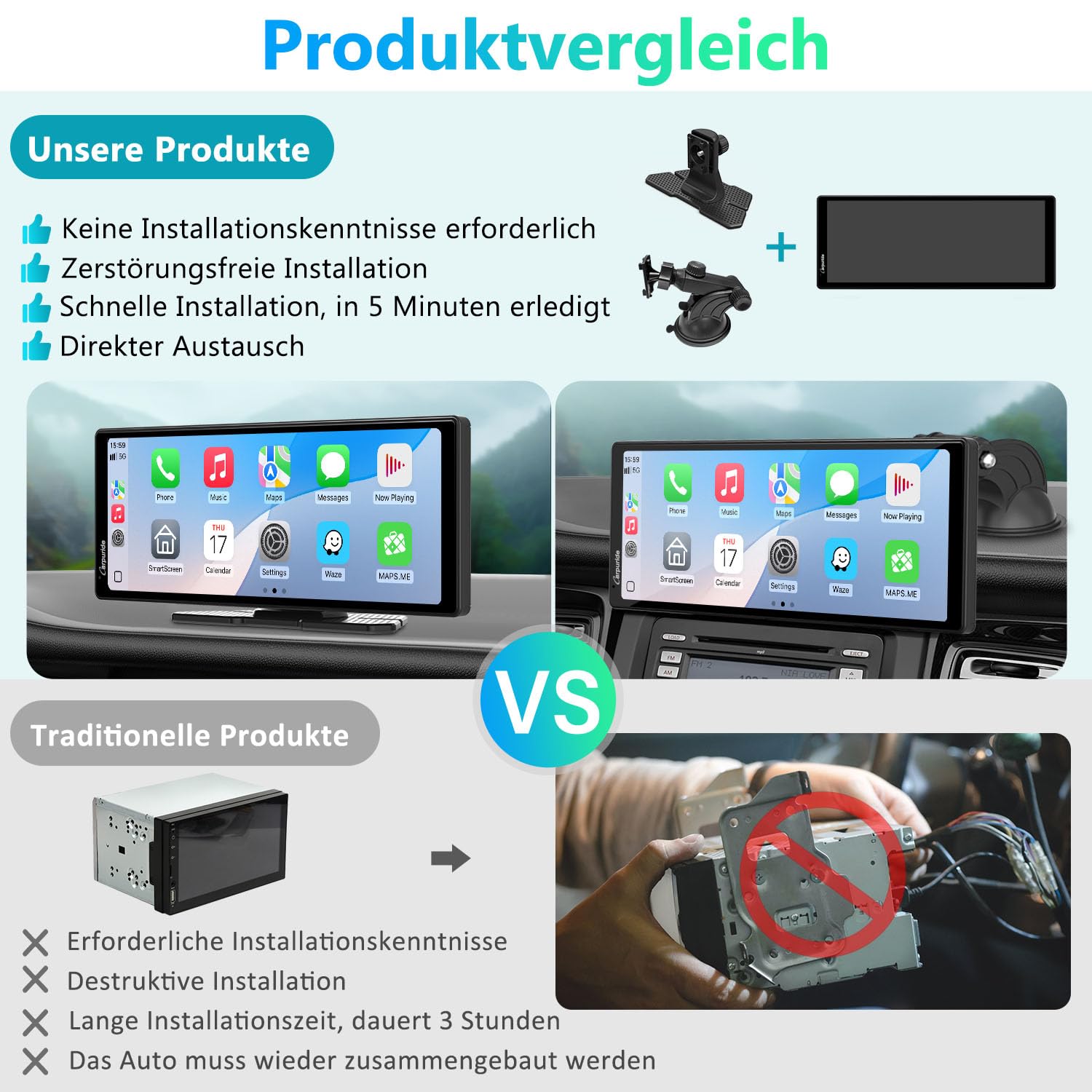 Carpuride V92R Tragbarer Carplay-Bildschirm, kabelloses Carplay & Android Auto, 10,26 Zoll 1080P HD Touchscreen Radio mit echter 720P Rückfahrkamera/BT 5.0/Mirror Link Unterstützung LKW RV