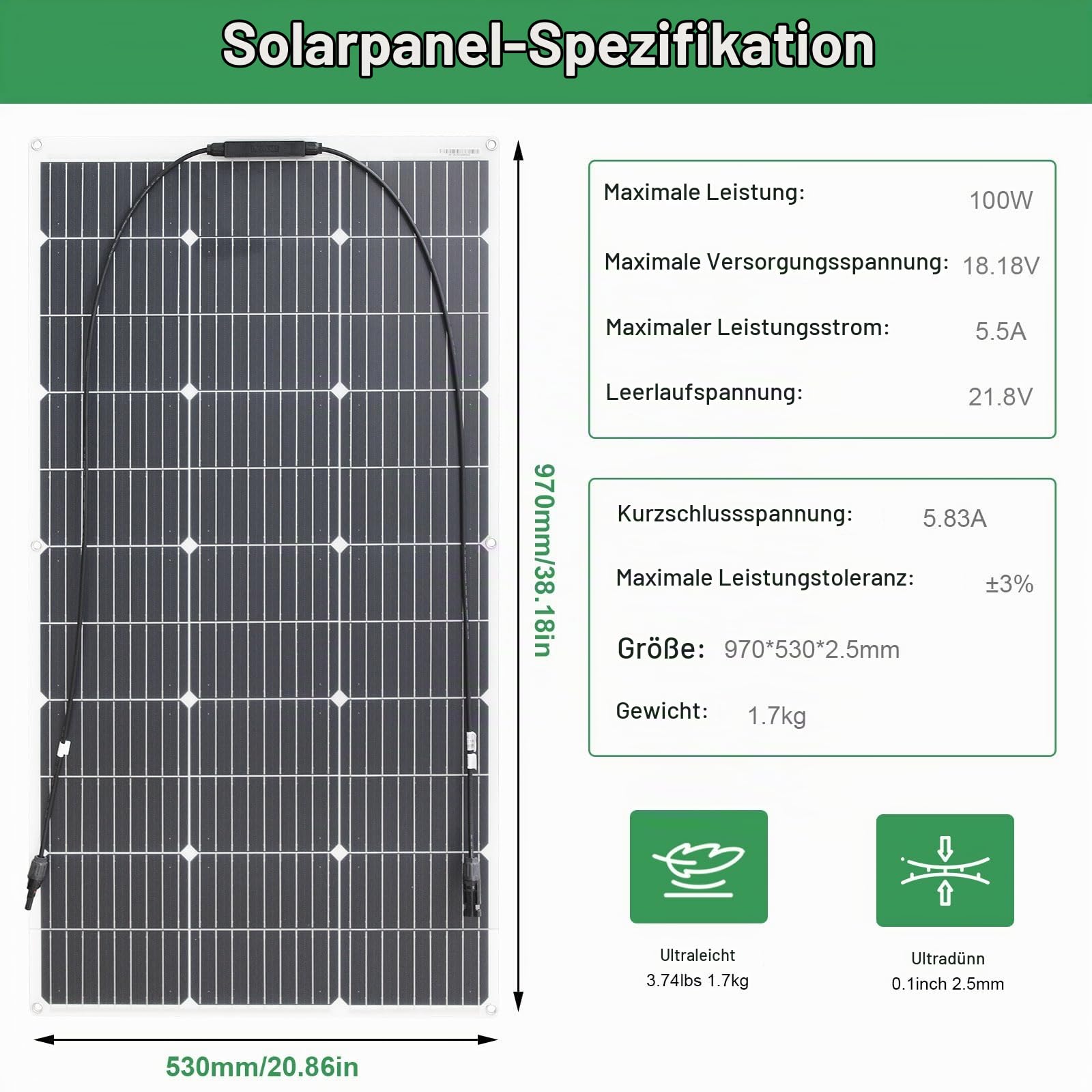 Flexibles Solarmodul 100W Solarpanel Tragbar für Camping Boot Garten
