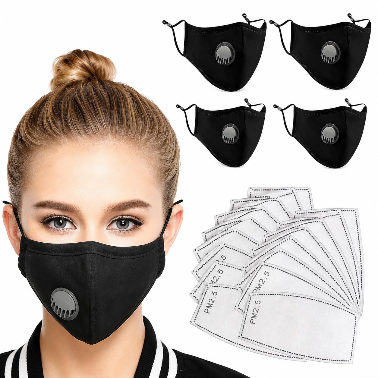 Mask for Men Face Cover, Washable and Breathable Design with 20 Replacement Filters, Ideal for Urban Commuting and Outdoor Sports, Black Color 24-Piece Set-image-43