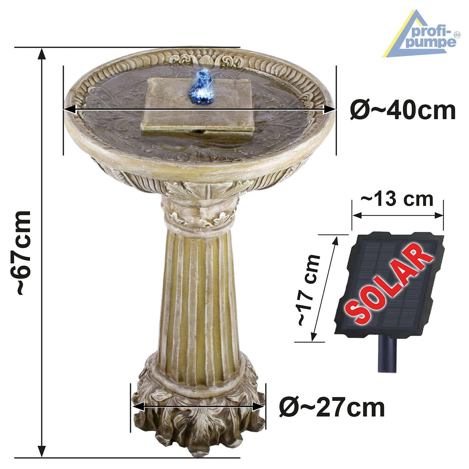 Fontana da giardino a energia solare, fontana ornamentale, fontana con luce LED e batteria agli ioni di litio