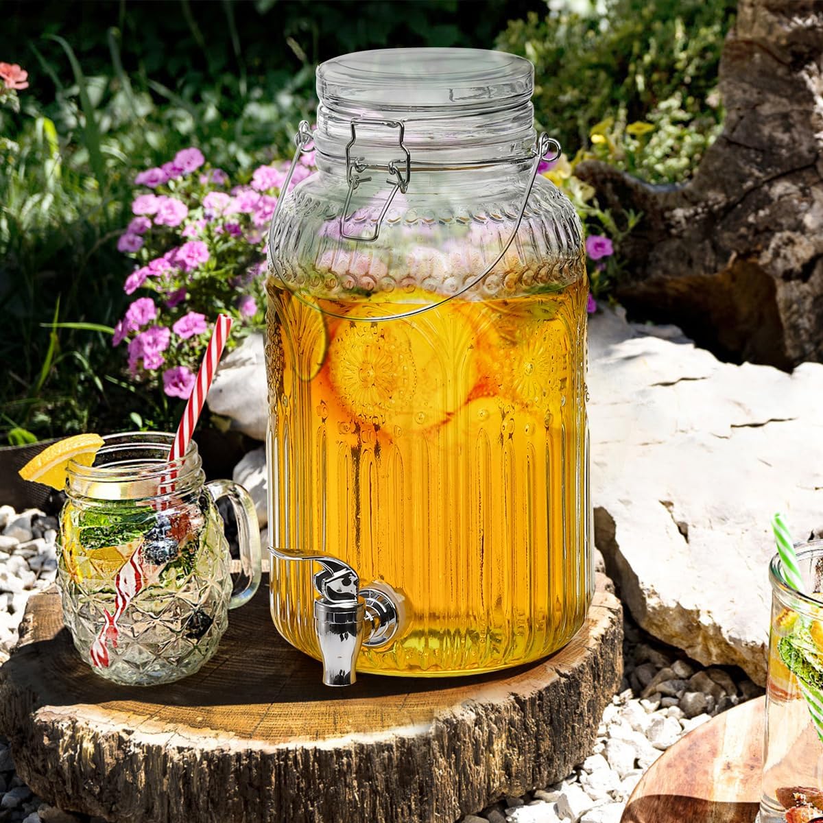 Kingrol 1 Gallon Glass Drink Dispenser with Lid and Spigot - Wide Mouth, Leak Proof Juice Pitcher- Vintage Beverage Dispenser for Party, Wedding, Picnic - Image 7