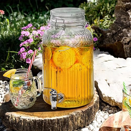 Miniatura 7 de Kingrol Dispensador de bebidas de vidrio de 1 galón con tapa y espita, boca ancha, jarra de jugo a prueba de fugas, dispensador de bebidas vintage