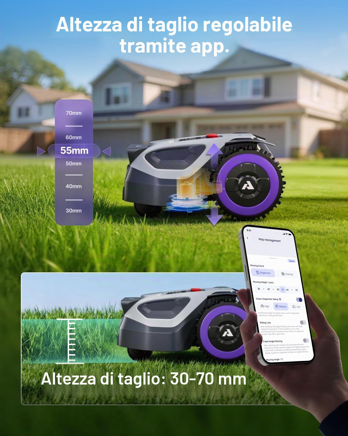ANTHBOT M9 Robot Tosaerba Senza Fili con Sistema Perimetrale - 1000 m², NetRTK, 4G, Doppia Fotocamera, Sistema di Rilevamento Ostacoli Basato su IA, Mappatura Automatica Multizona, con Garage