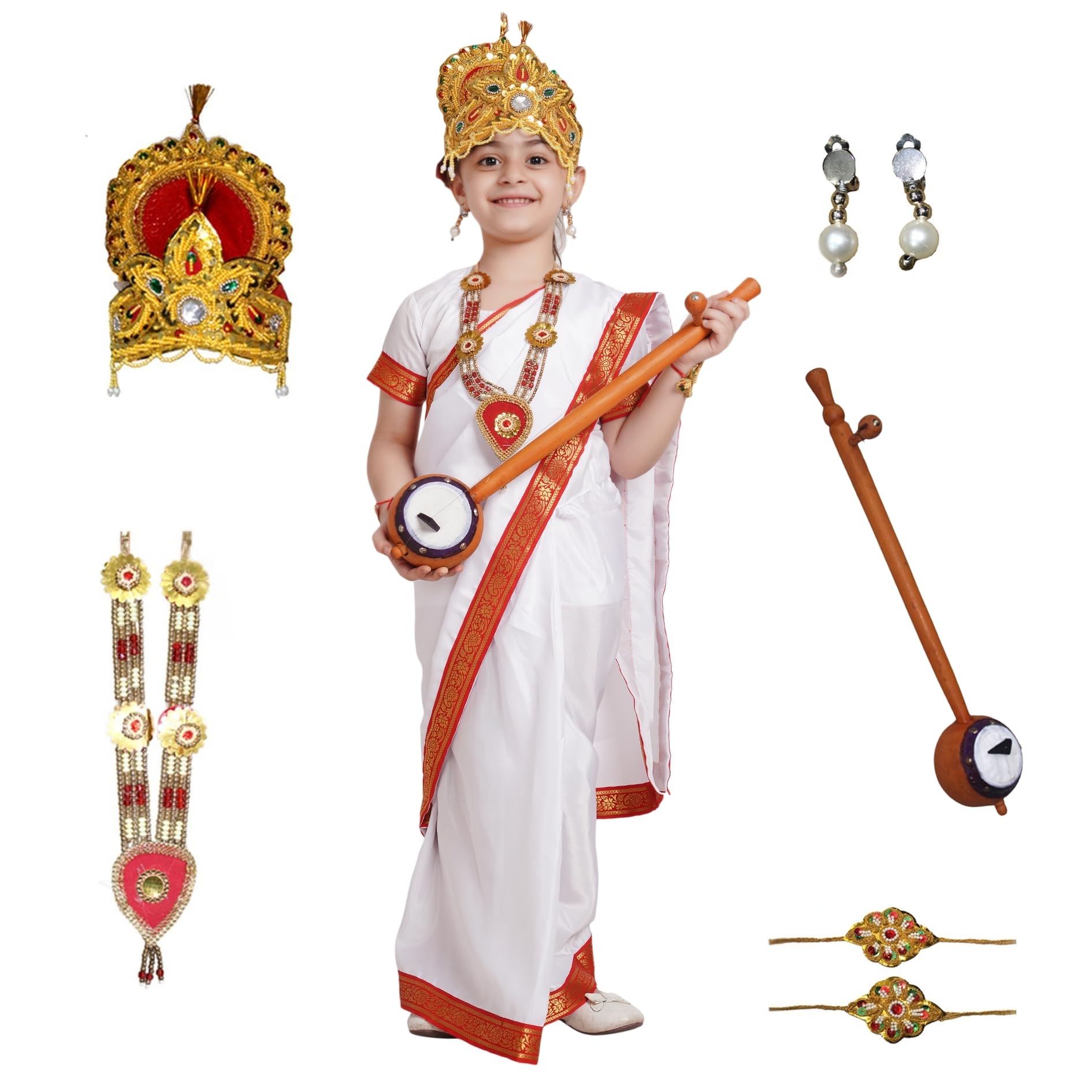 Kaku Fancy Dresses Devi Saree Costumes for Girls With Jewellery | Durga, Godess Saraswati, Mata Laxmi, Sita, Meera Bai Dress With Accessories | Ready to Wear Saree