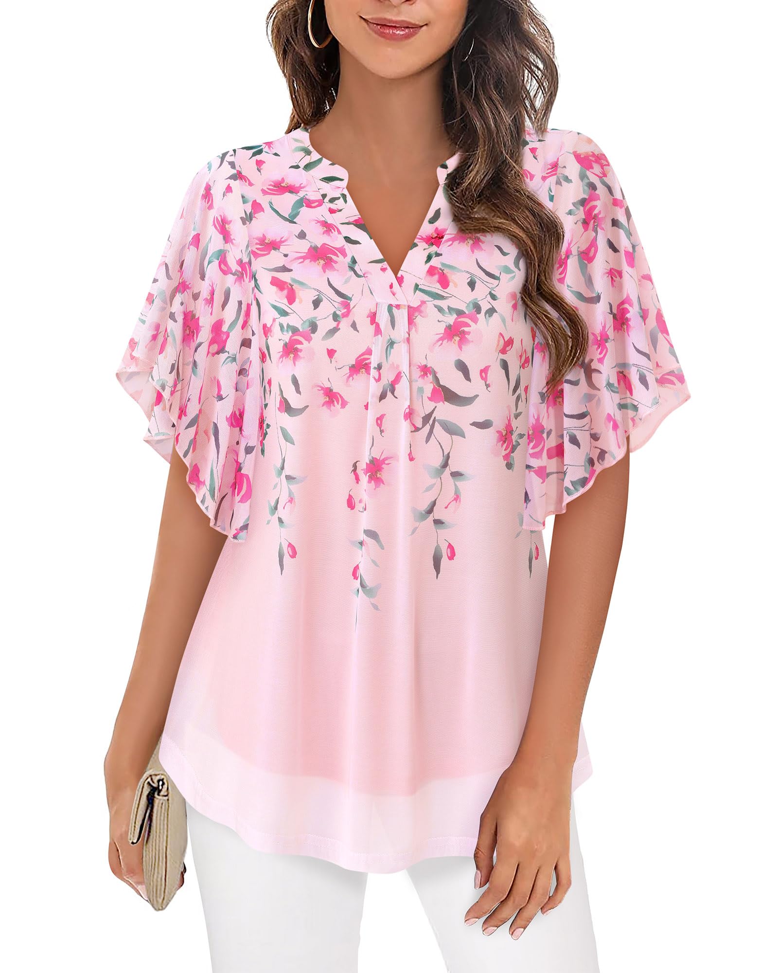 Vafoly Bluse Damen Elegant Kurzarm Sommer Tunika V-Ausschnitt Mesh Oberteil Blumen Doppellagige Tunika