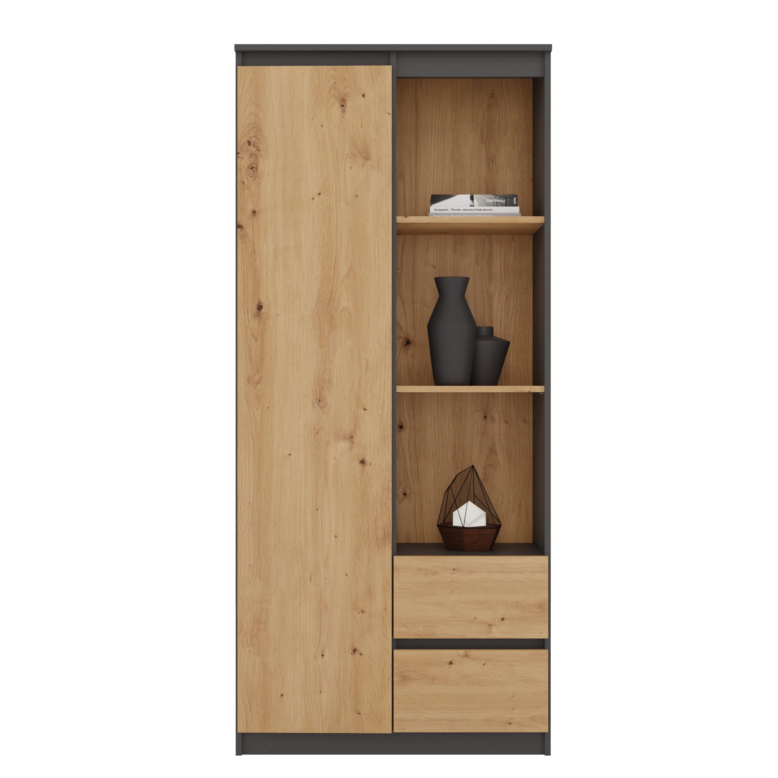 CDF Regal Bücherregal 80 cm modern mit 7 offenen Fächern Zwei Schubladen teils geschlossenen Bereichen stabile 16-mm Konstruktion für Wohnzimmer Büro Arbeitszimmer - Anthrazit/Eiche Artisan