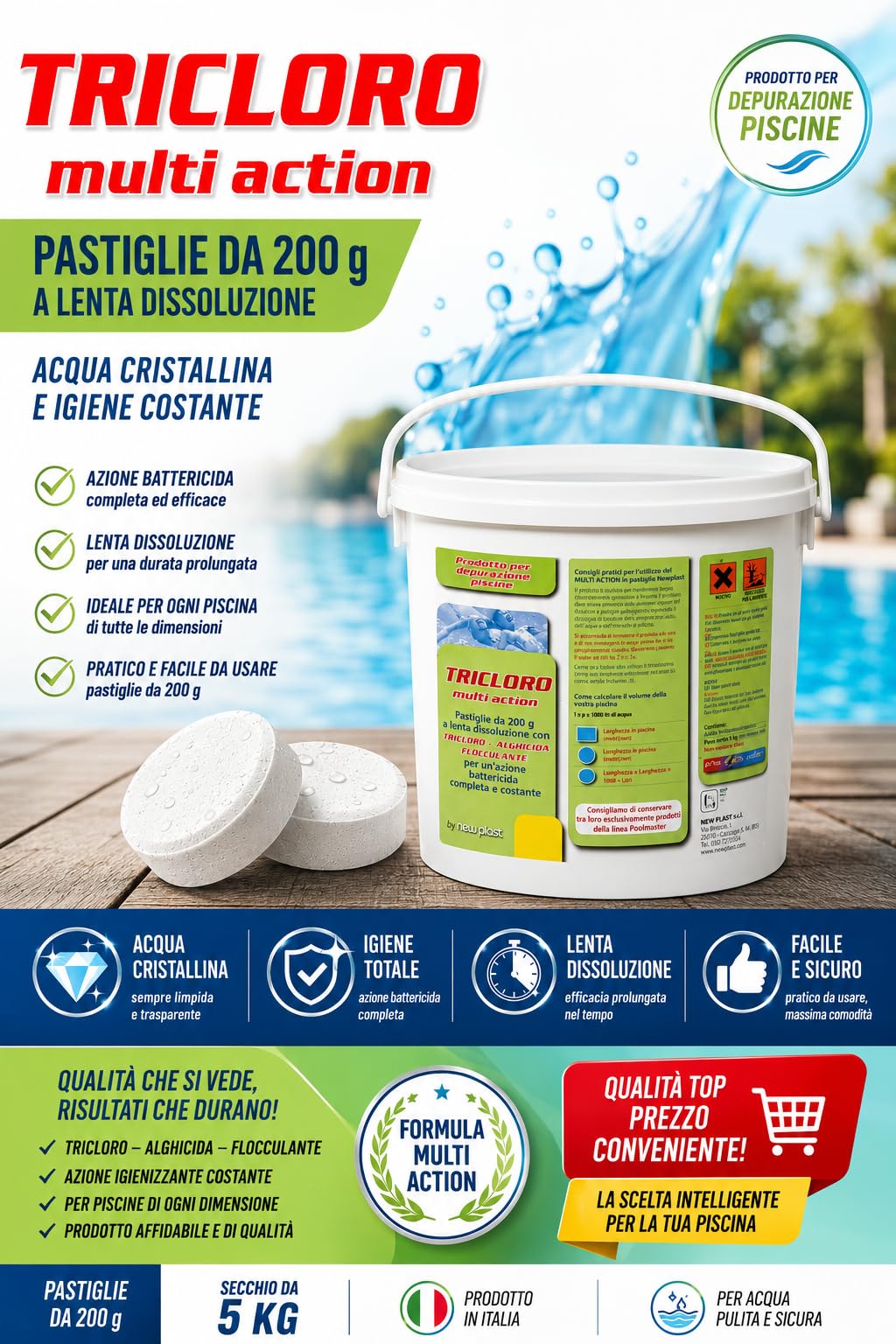 NewPlast 0961 Tricloro Piscina 5 Azioni, Pastiglie da 200 g, 5 kg